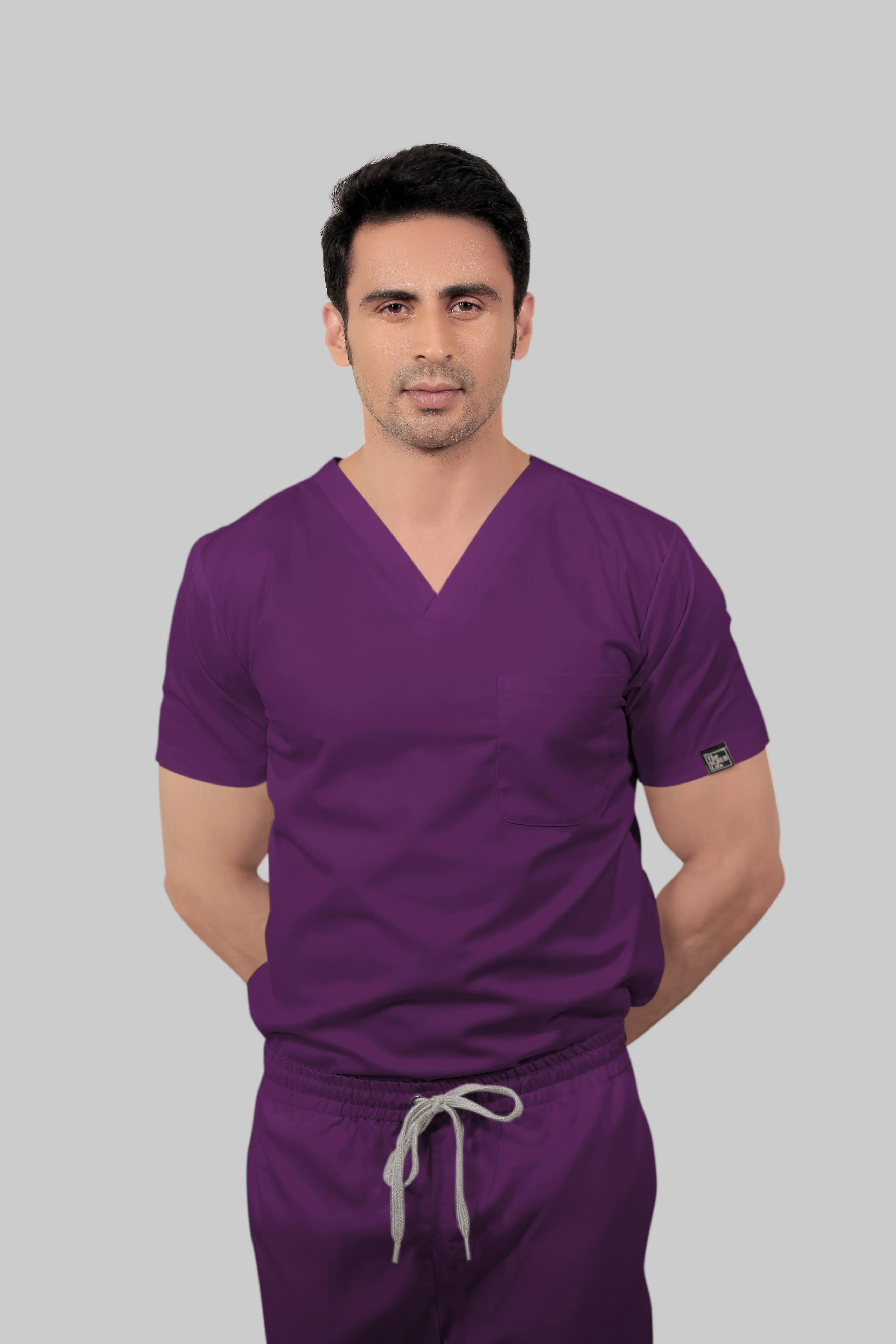 Stretchable (2Way) Men Purple V-Neck With Straight Pant Scrub Set - Image 3