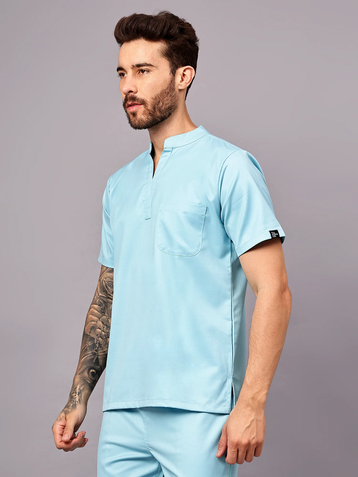 Stretchable (2Way) Men Aqua Blue Mandarin Neck With Straight Pant Scrub Set - Image 3