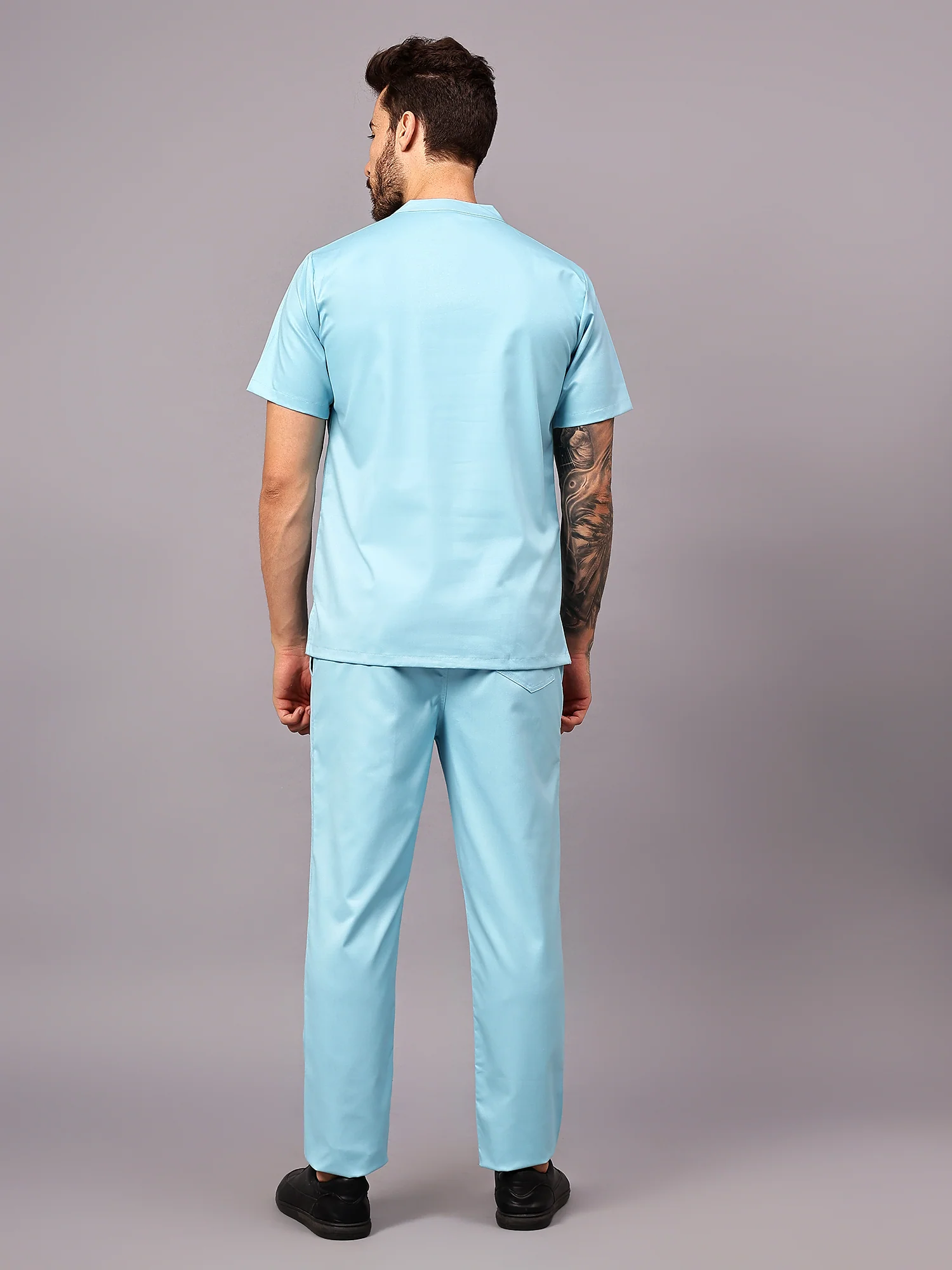Stretchable (2Way) Men Aqua Blue Mandarin Neck With Straight Pant Scrub Set - Image 4