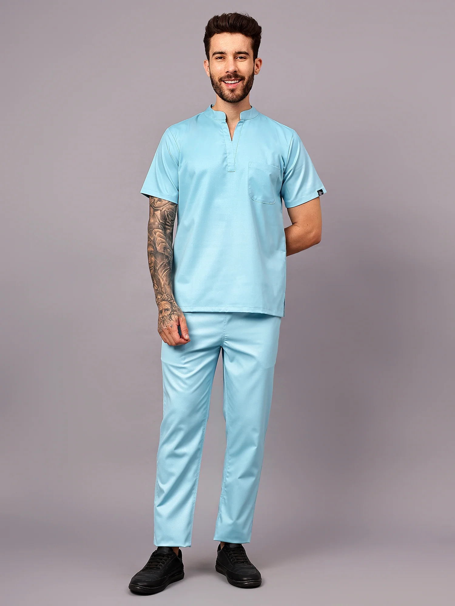 Stretchable (2Way) Men Aqua Blue Mandarin Neck With Straight Pant Scrub Set - Image 5