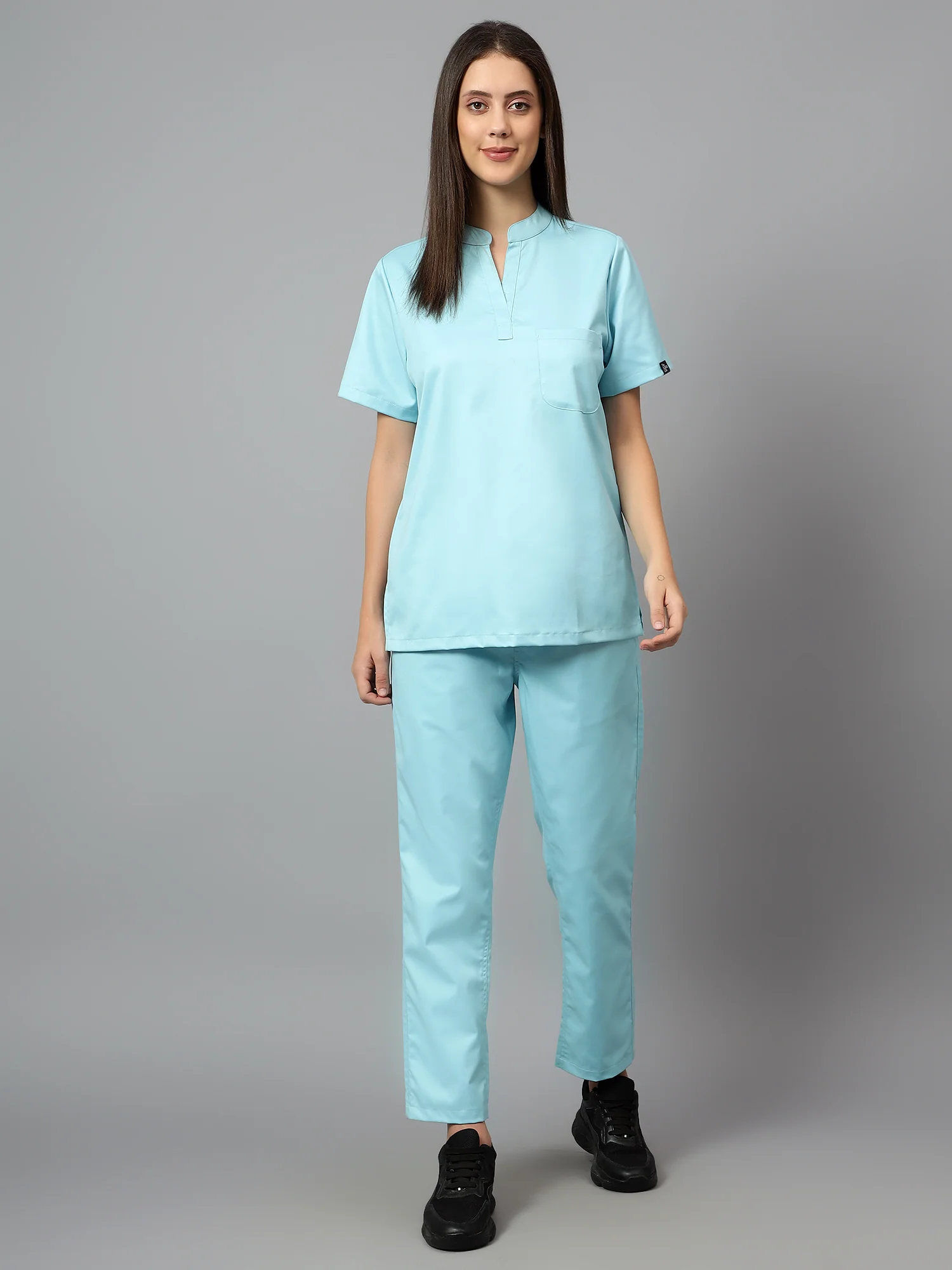 Stretchable (2Way) Women Aqua Blue Mandarin Neck With Straight Pant Scrub Set - Image 4