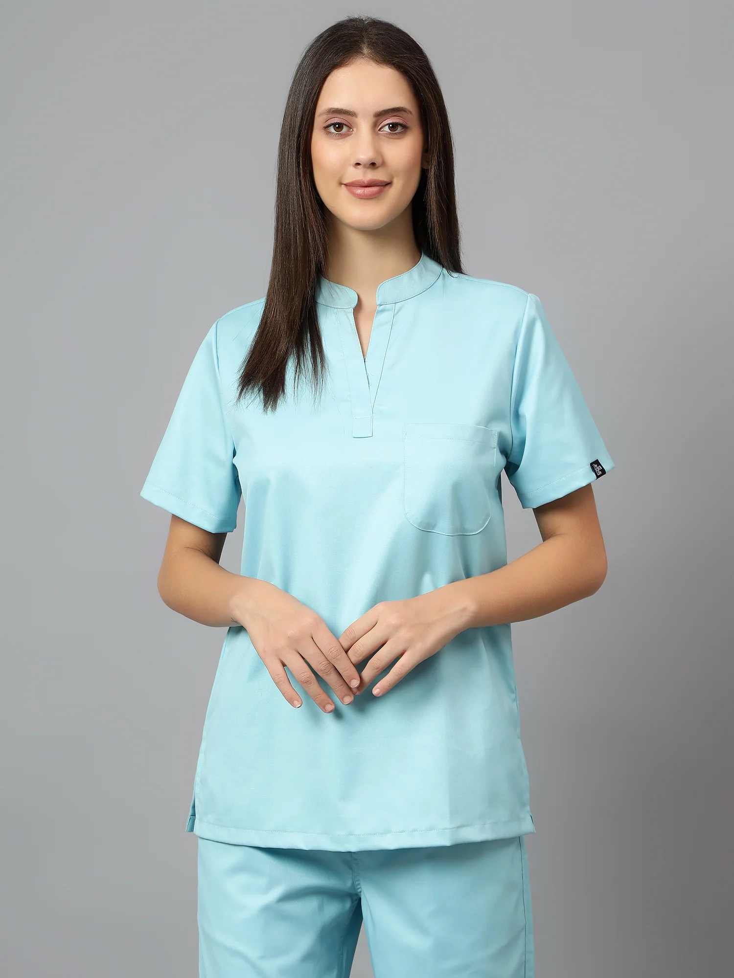Stretchable (2Way) Women Aqua Blue Mandarin Neck With Straight Pant Scrub Set - Image 5