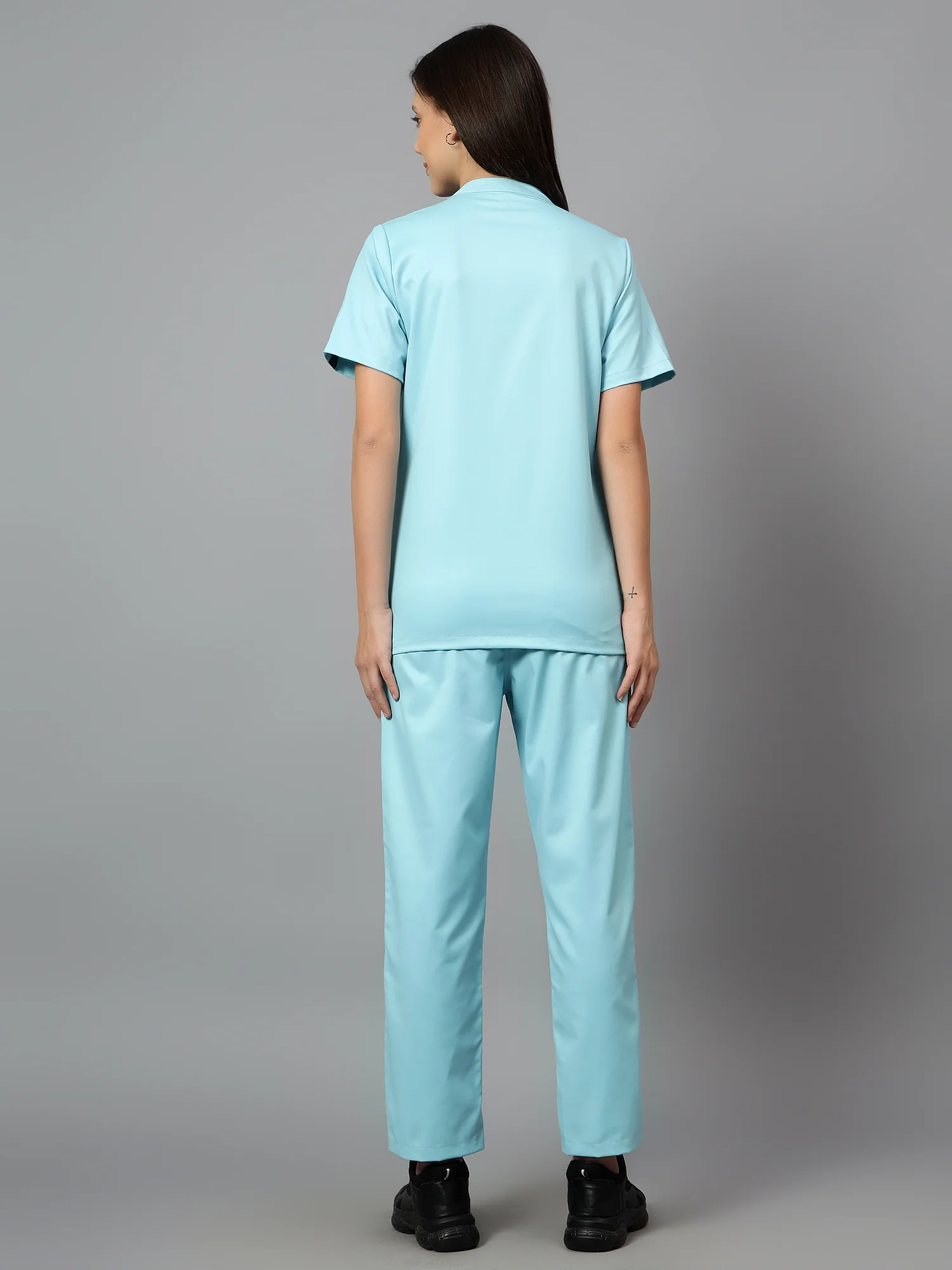 Stretchable (2Way) Women Aqua Blue Mandarin Neck With Straight Pant Scrub Set - Image 7