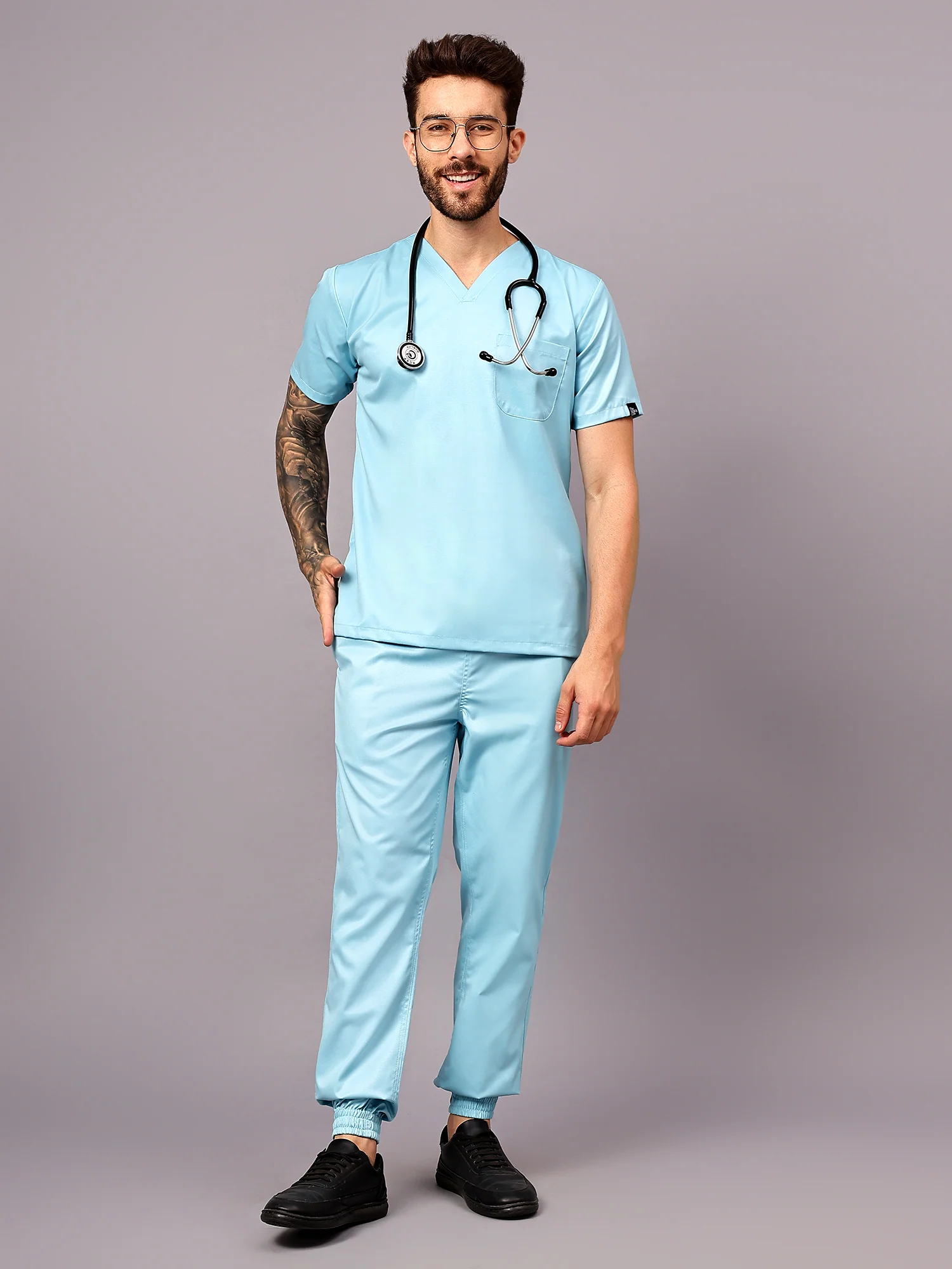 Stretchable (2Way) Men Aqua Blue V-Neck With Jogger Scrub Set
