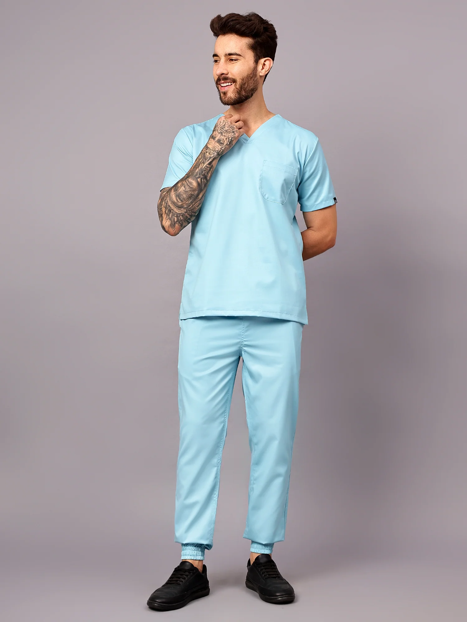 Stretchable (2Way) Men Aqua Blue V-Neck With Jogger Scrub Set - Image 2