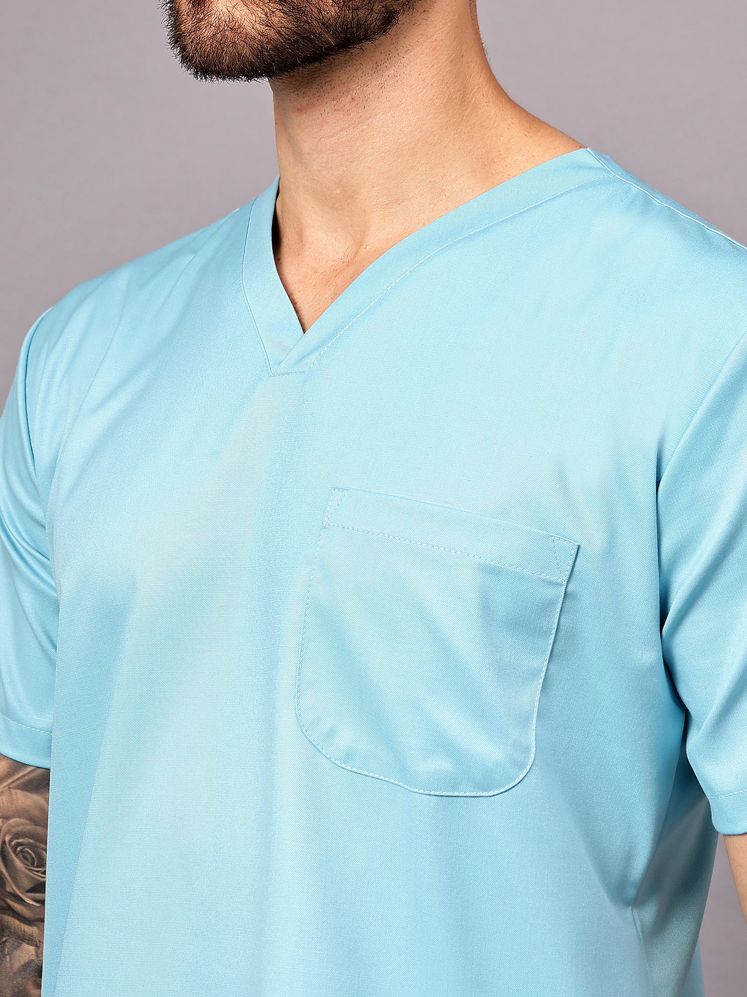 Stretchable (2Way) Men Aqua Blue V-Neck With Jogger Scrub Set - Image 3