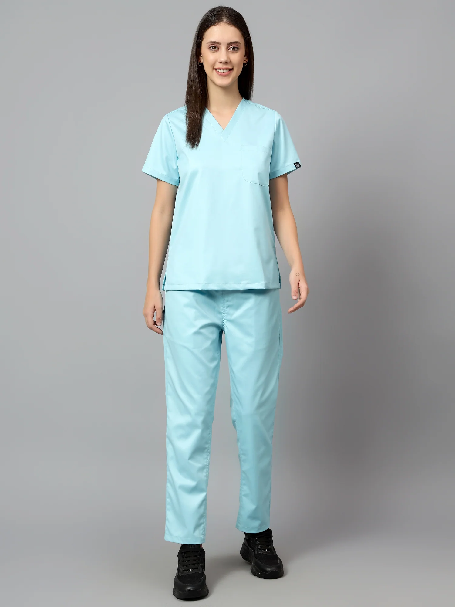 Stretchable (2Way) Women Aqua Blue V-Neck With Straight Pant Scrub Set - Image 4