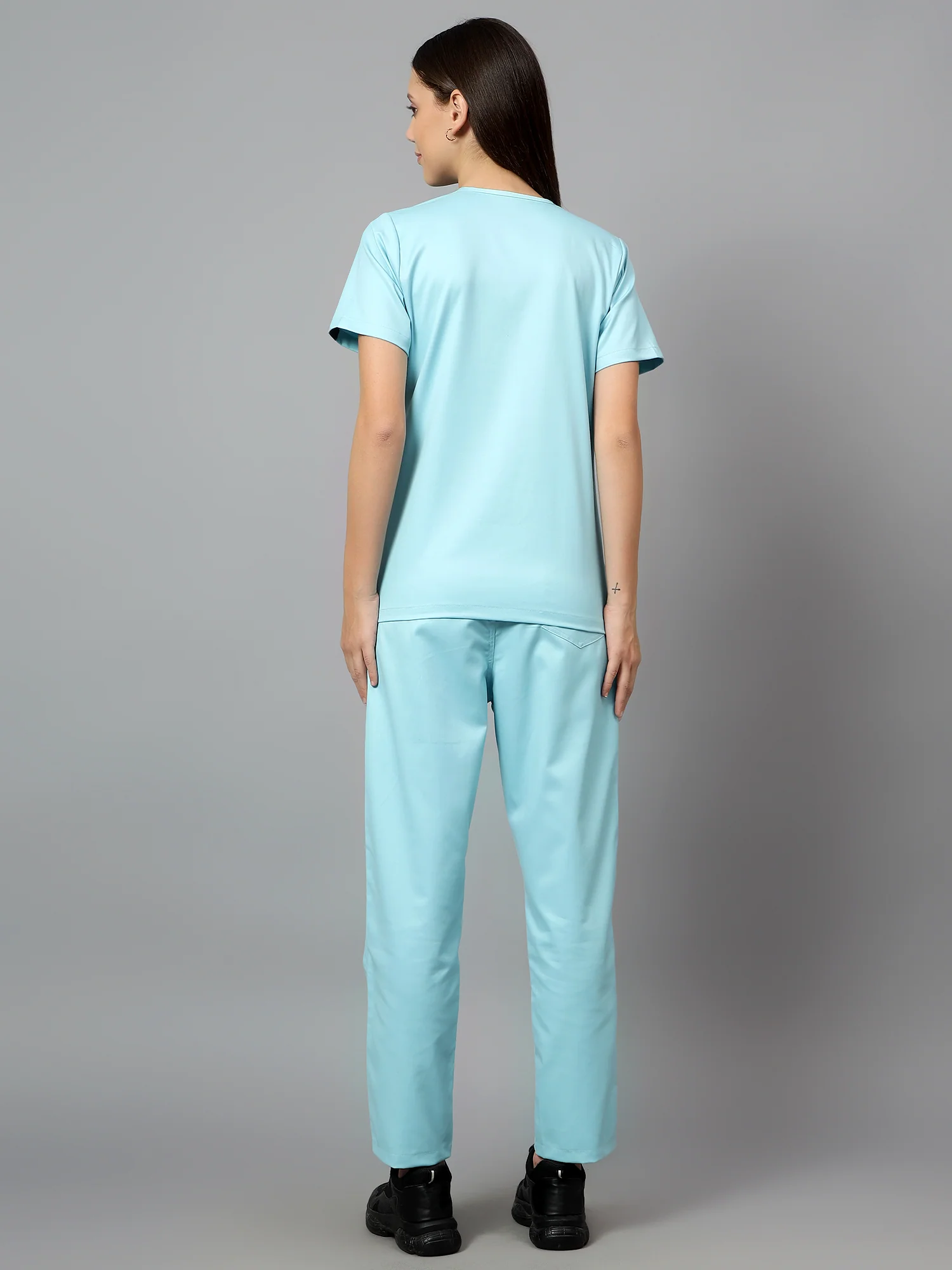 Stretchable (2Way) Women Aqua Blue V-Neck With Straight Pant Scrub Set - Image 5