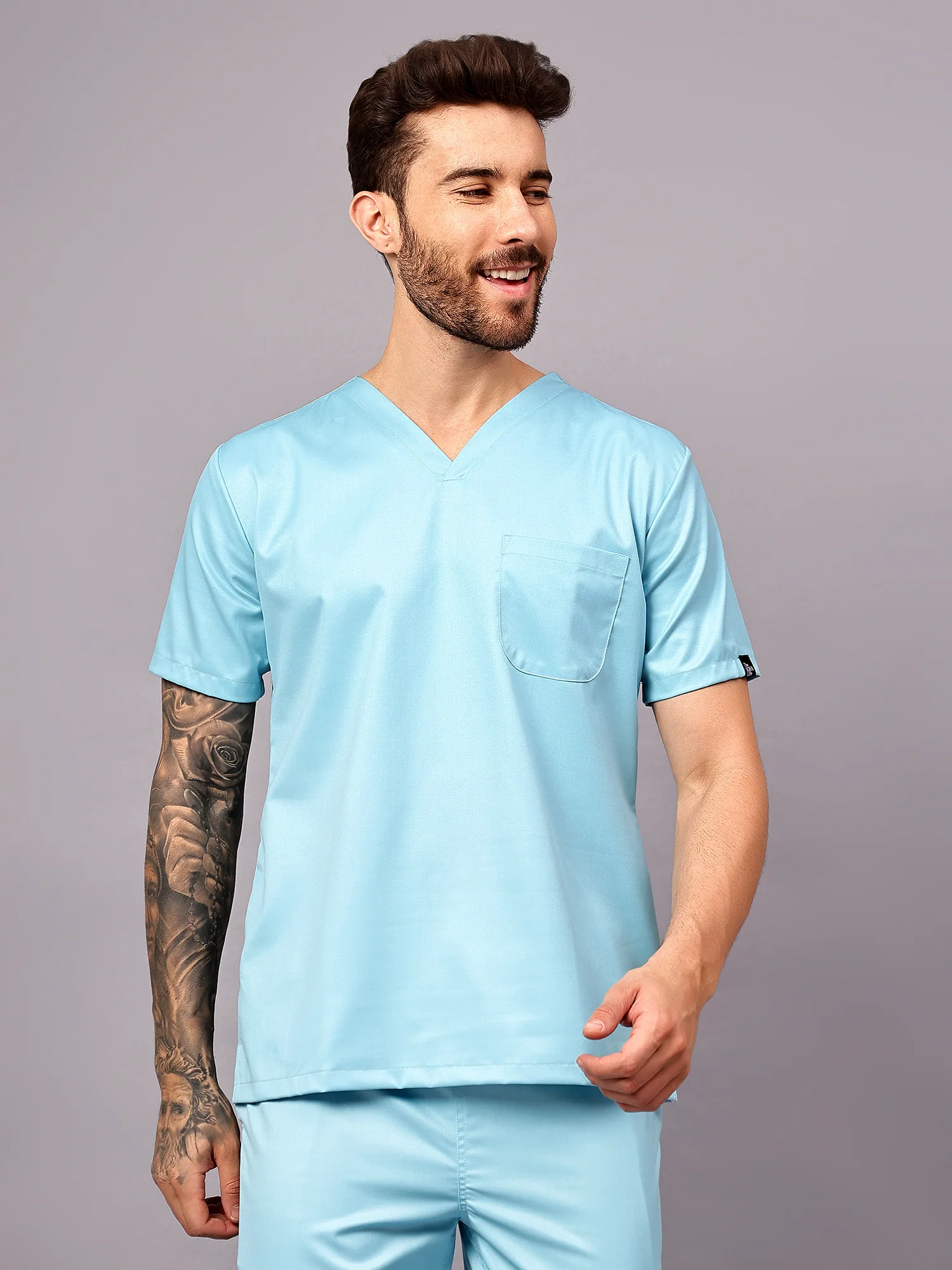 Stretchable (2Way) Men Aqua Blue V-Neck With Straight Pant Scrub Set - Image 8