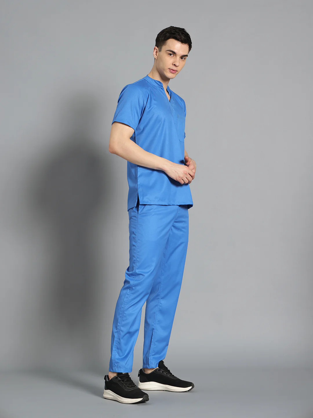 Stretchable (2Way) Men Light Blue Mandarin Neck With Straight Pant Scrub Set - Image 4