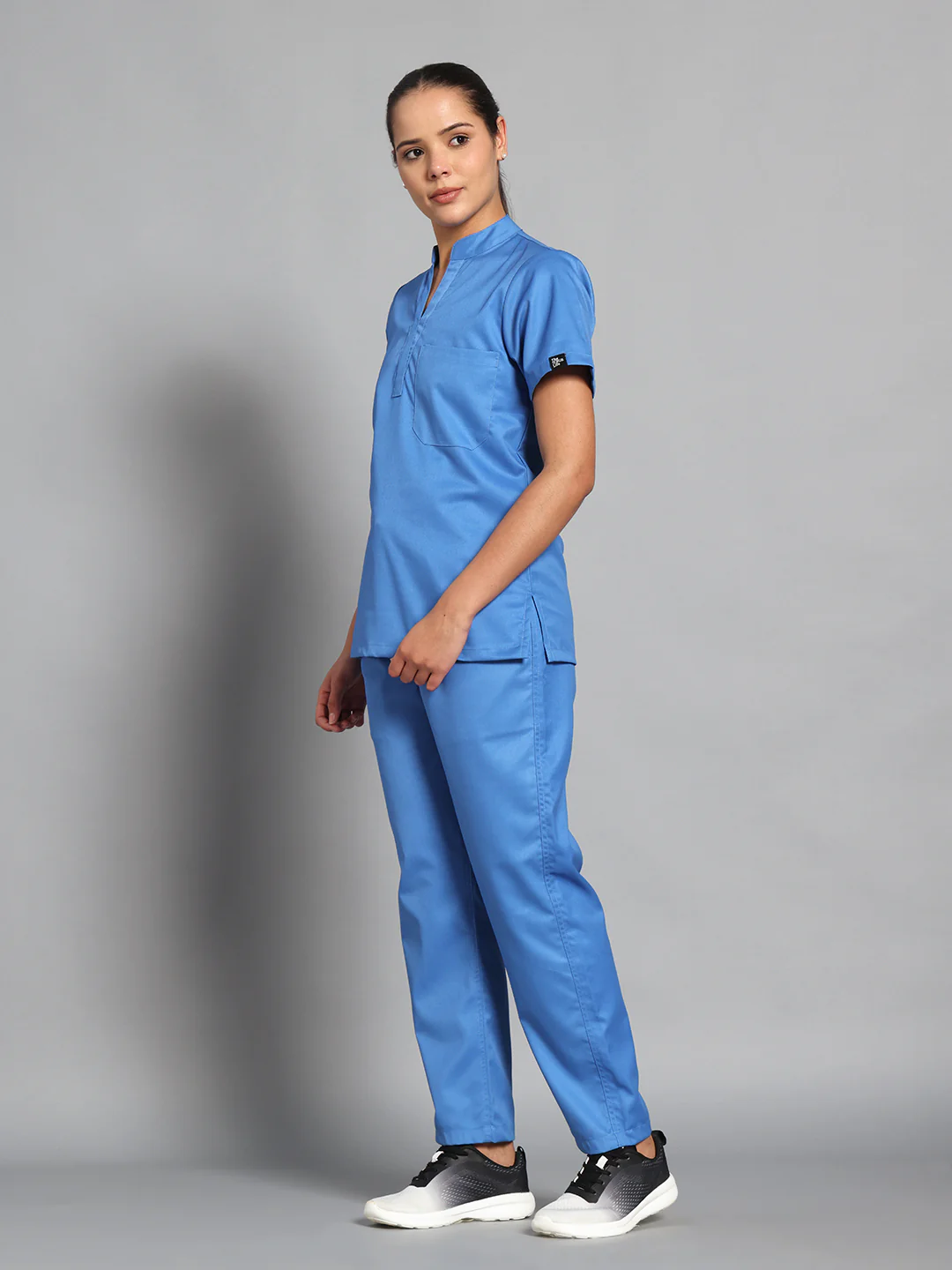 Stretchable (2Way) Women Light Blue Mandarin Neck With Straight Pant Scrub Set - Image 5