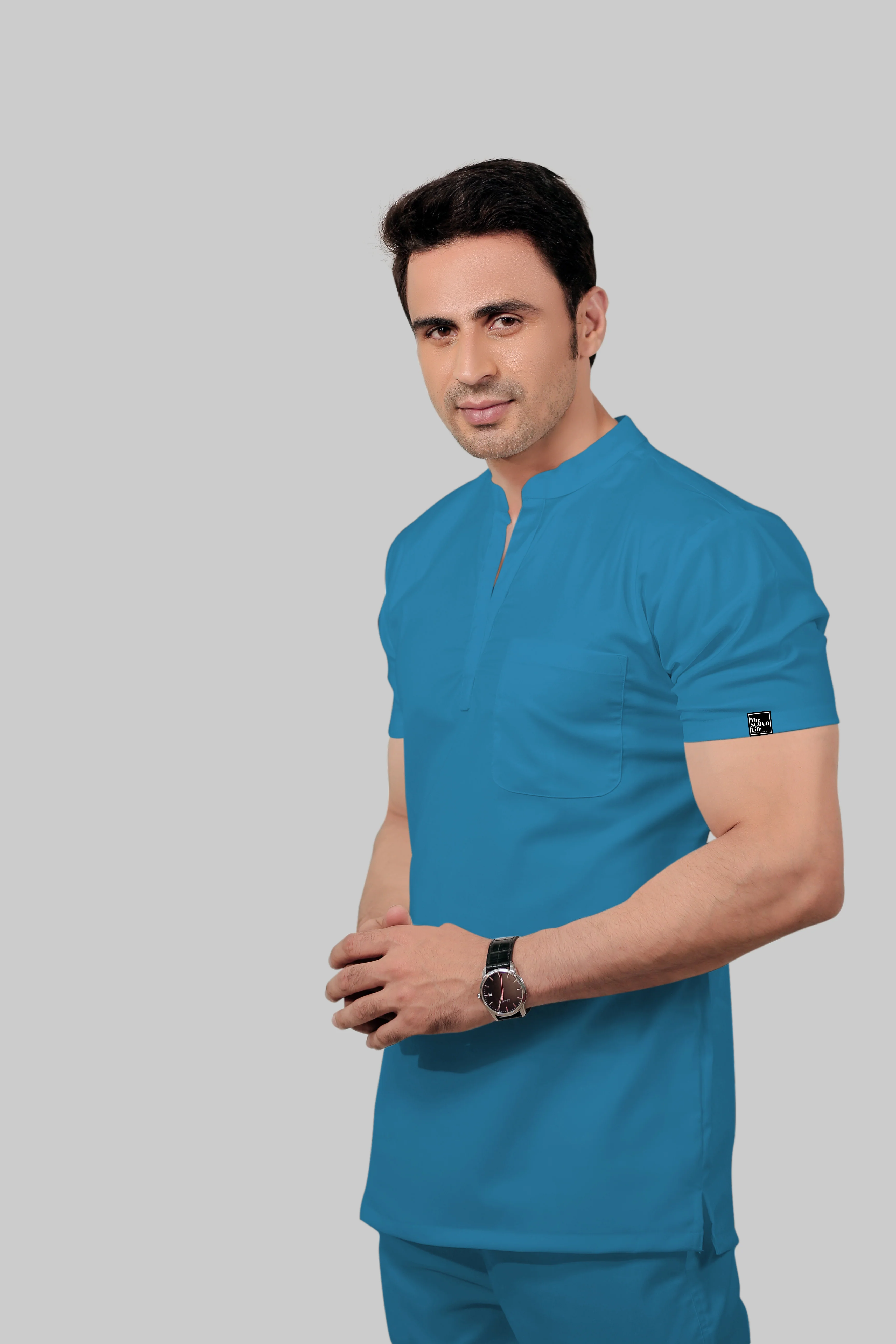 Stretchable (2Way) Men Peacock Blue Mandarin Neck With Straight Pant Scrub Set - Image 3