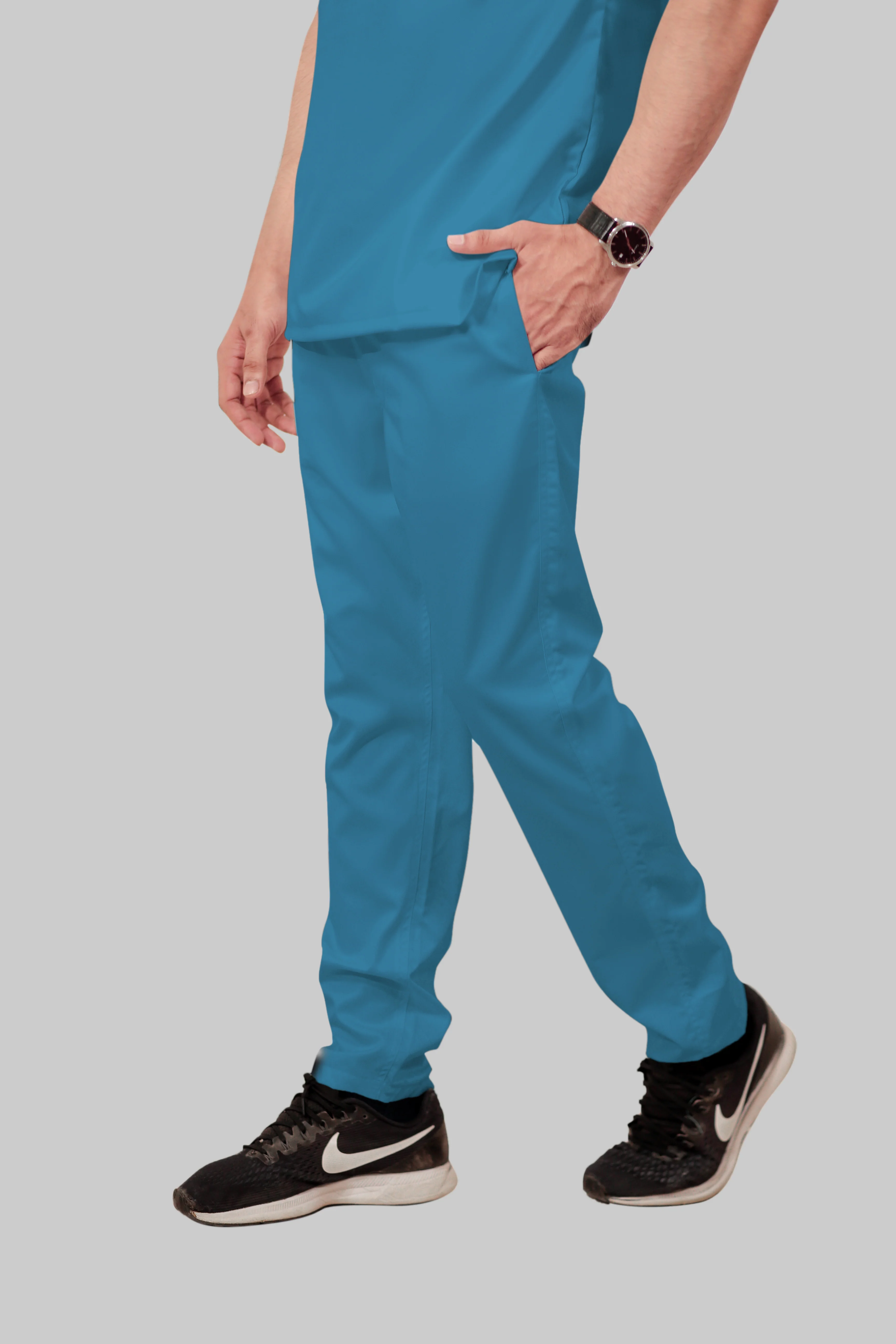 Stretchable (2Way) Men Peacock Blue Mandarin Neck With Straight Pant Scrub Set - Image 5