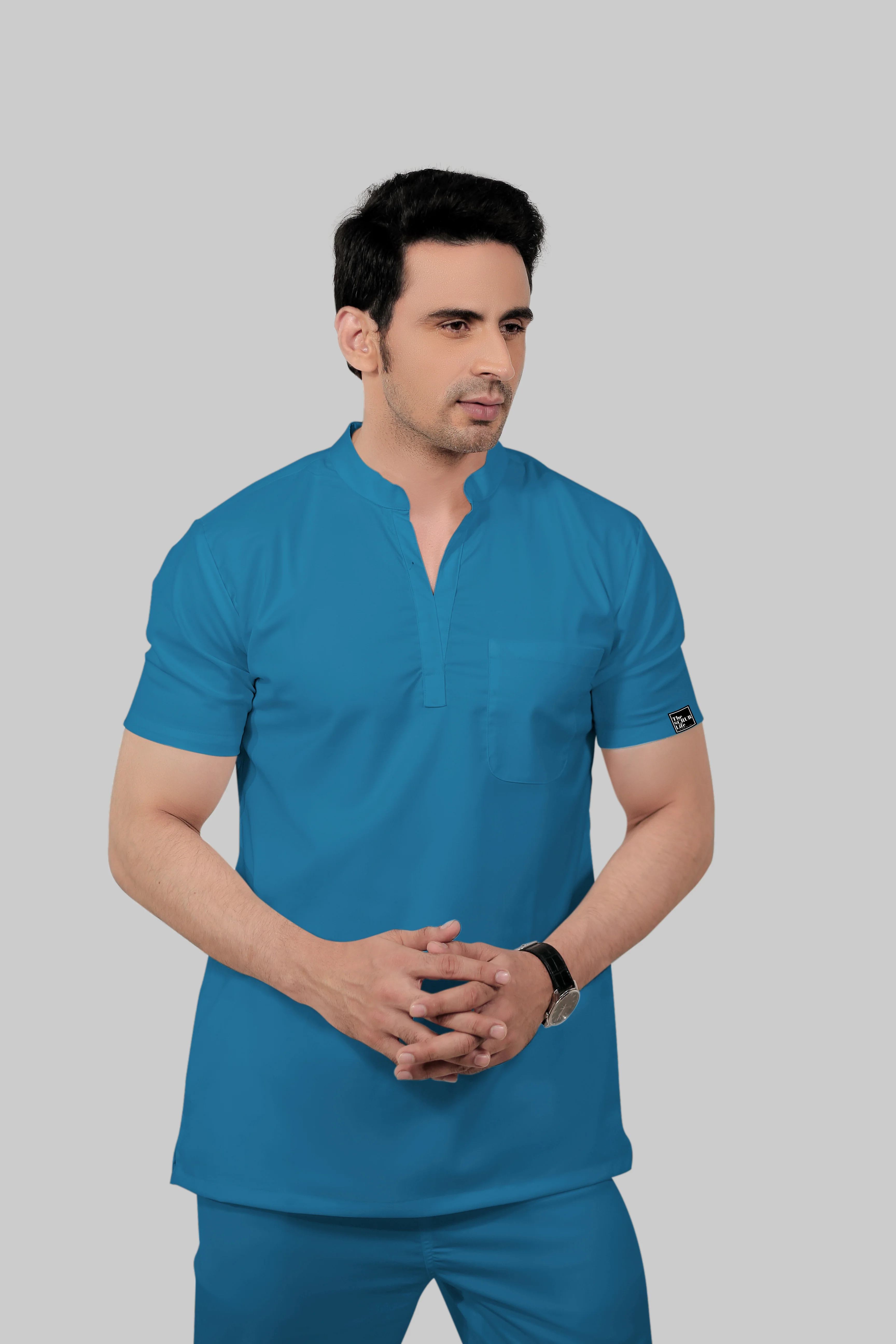 Stretchable (2Way) Men Peacock Blue Mandarin Neck With Jogger Scrub Set - Image 3