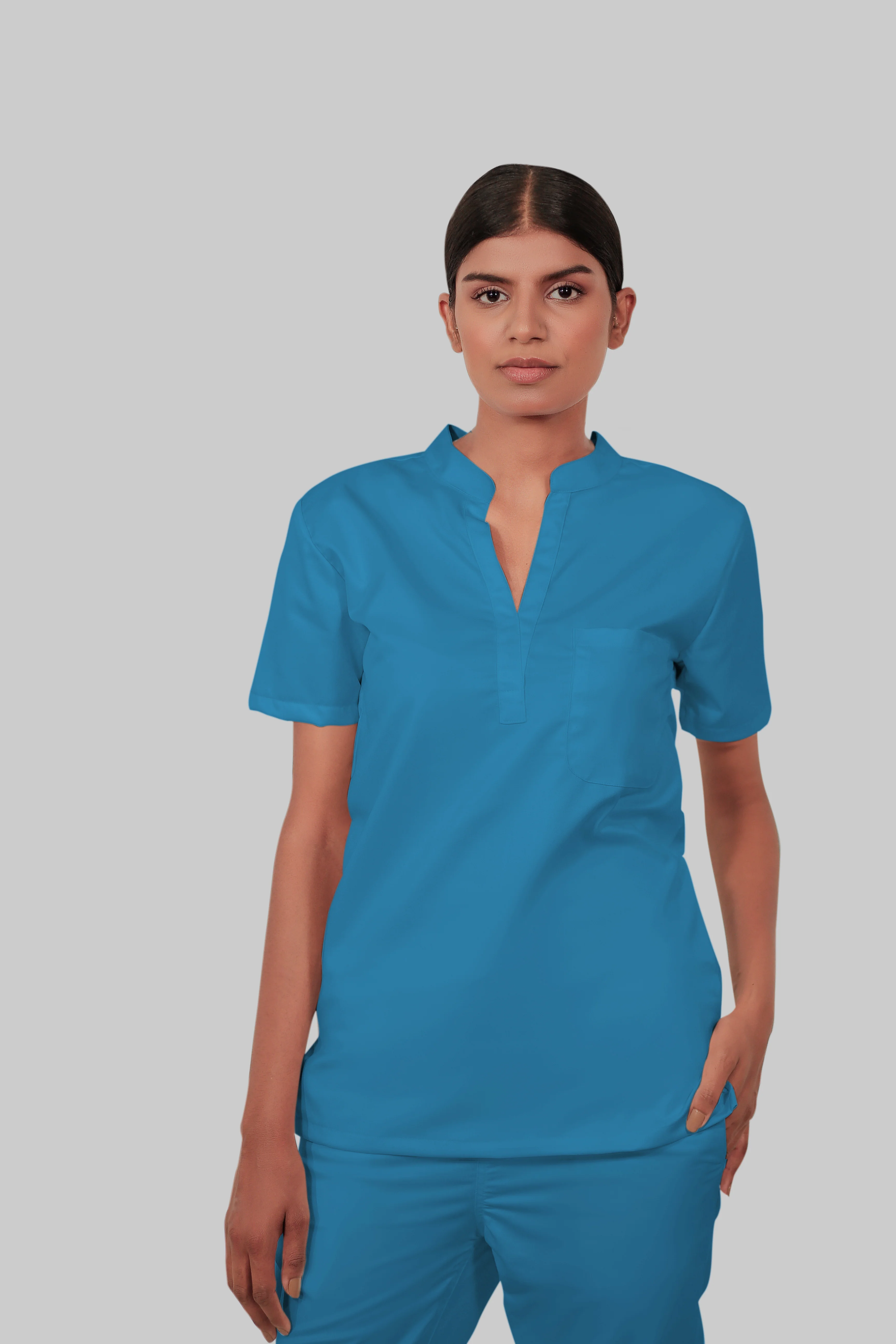 Stretchable (2Way) Women Peacock Blue Mandarin Neck With Straight Pant Scrub Set - Image 3