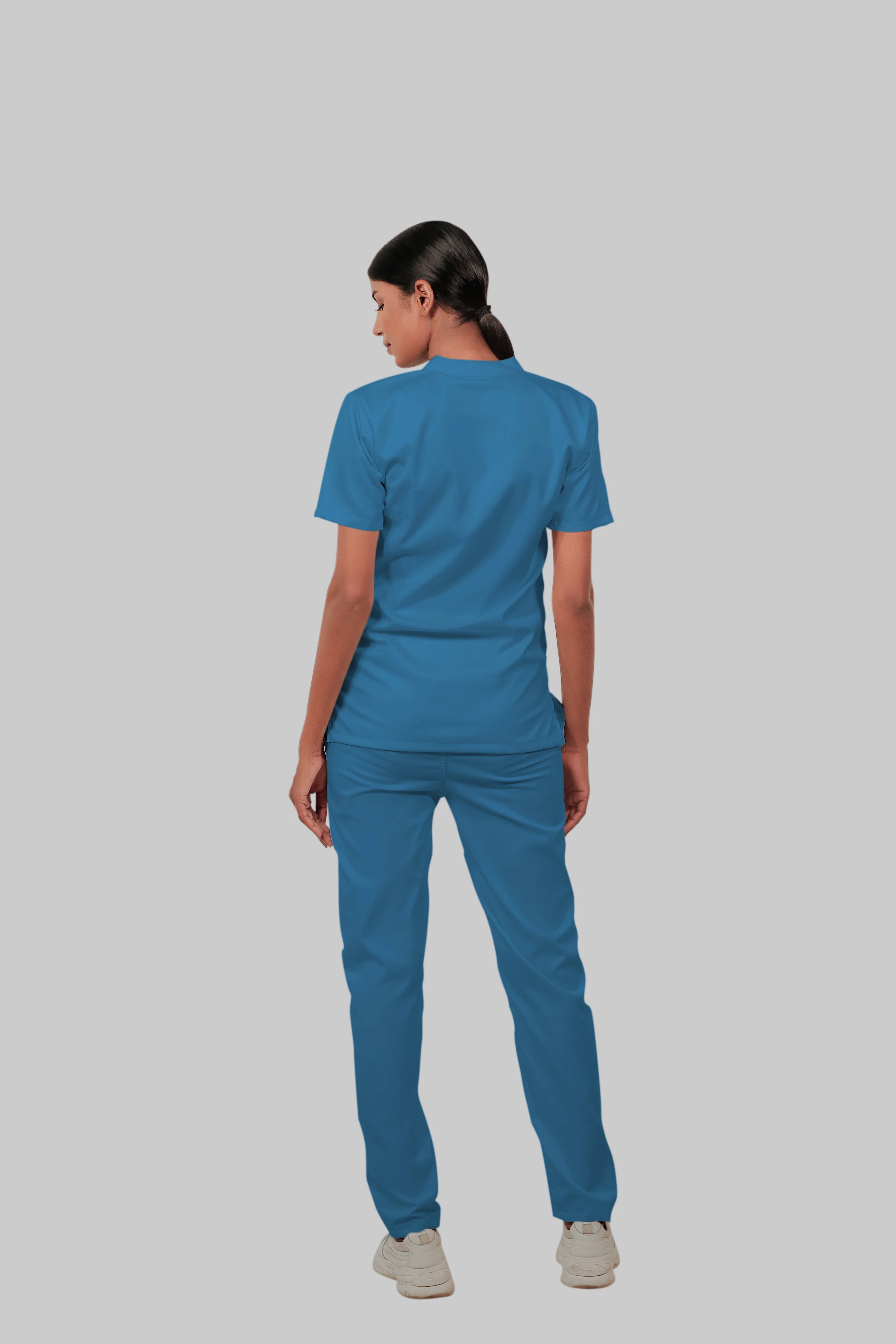 Stretchable (2Way) Women Peacock Blue Mandarin Neck With Straight Pant Scrub Set - Image 4