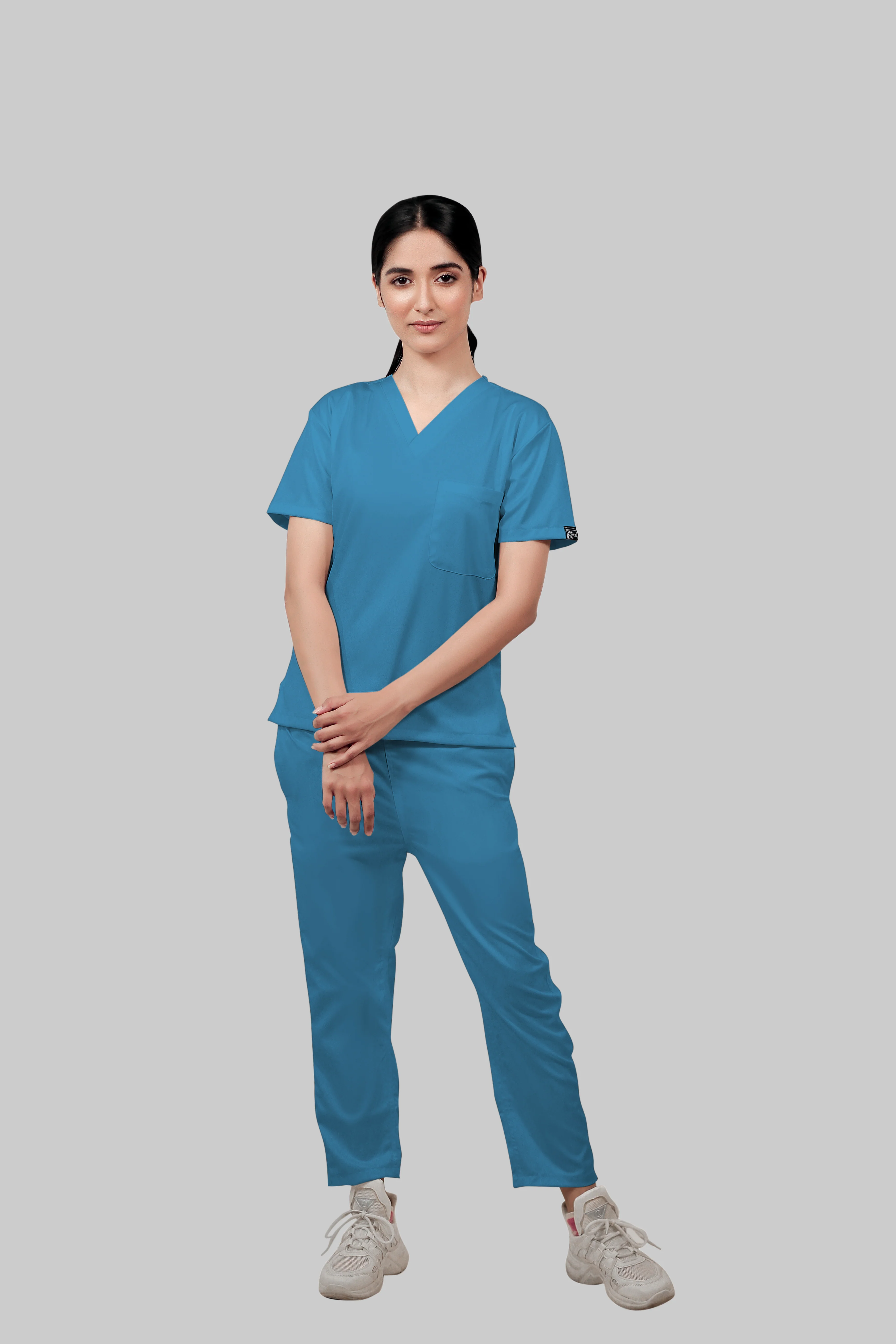 Stretchable (2Way) Women Peacock Blue V-Neck With Straight Pant Scrub Set