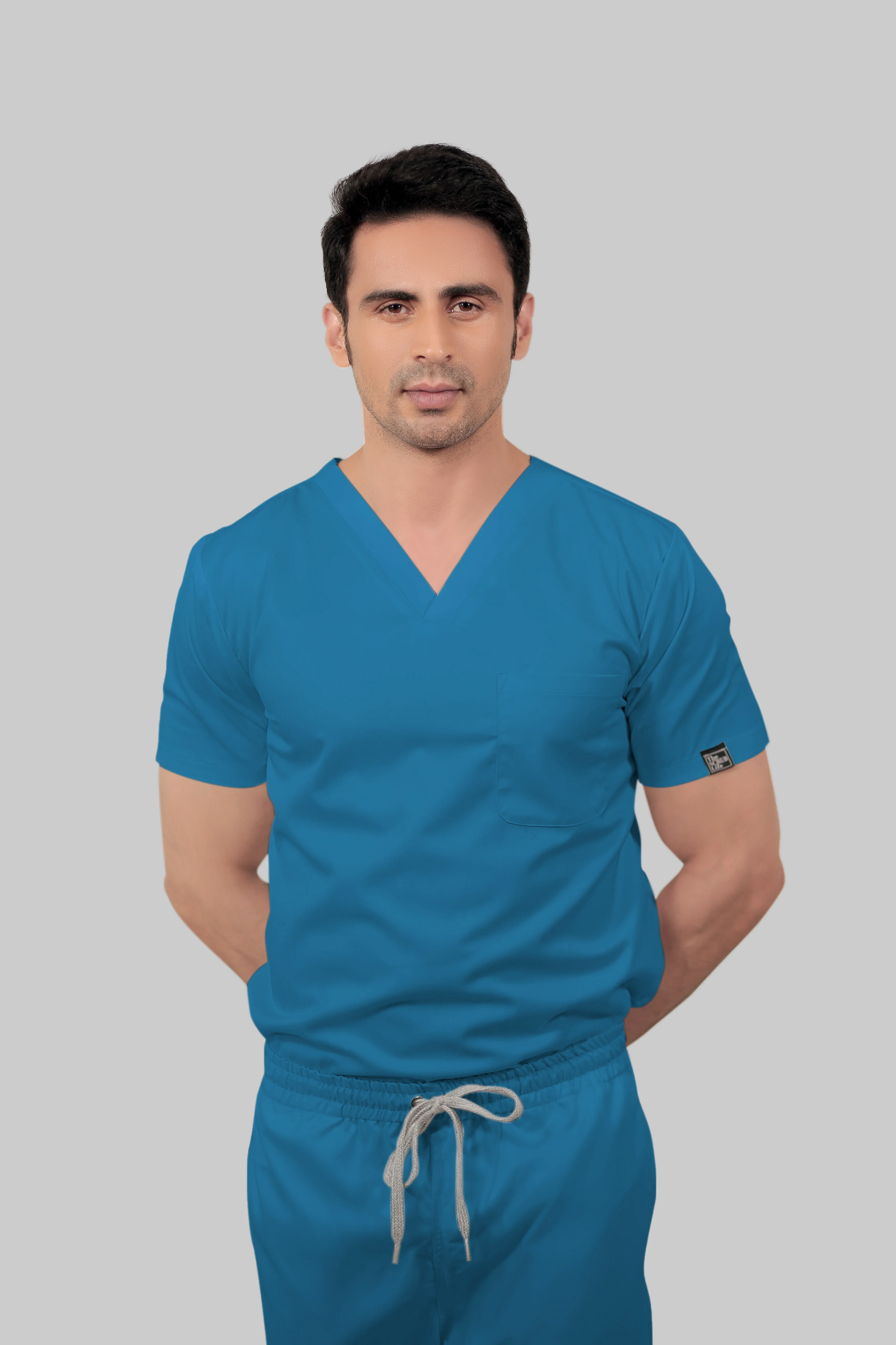 Stretchable (2Way) Men Peacock Blue V-Neck With Straight Pant Scrub Set - Image 3