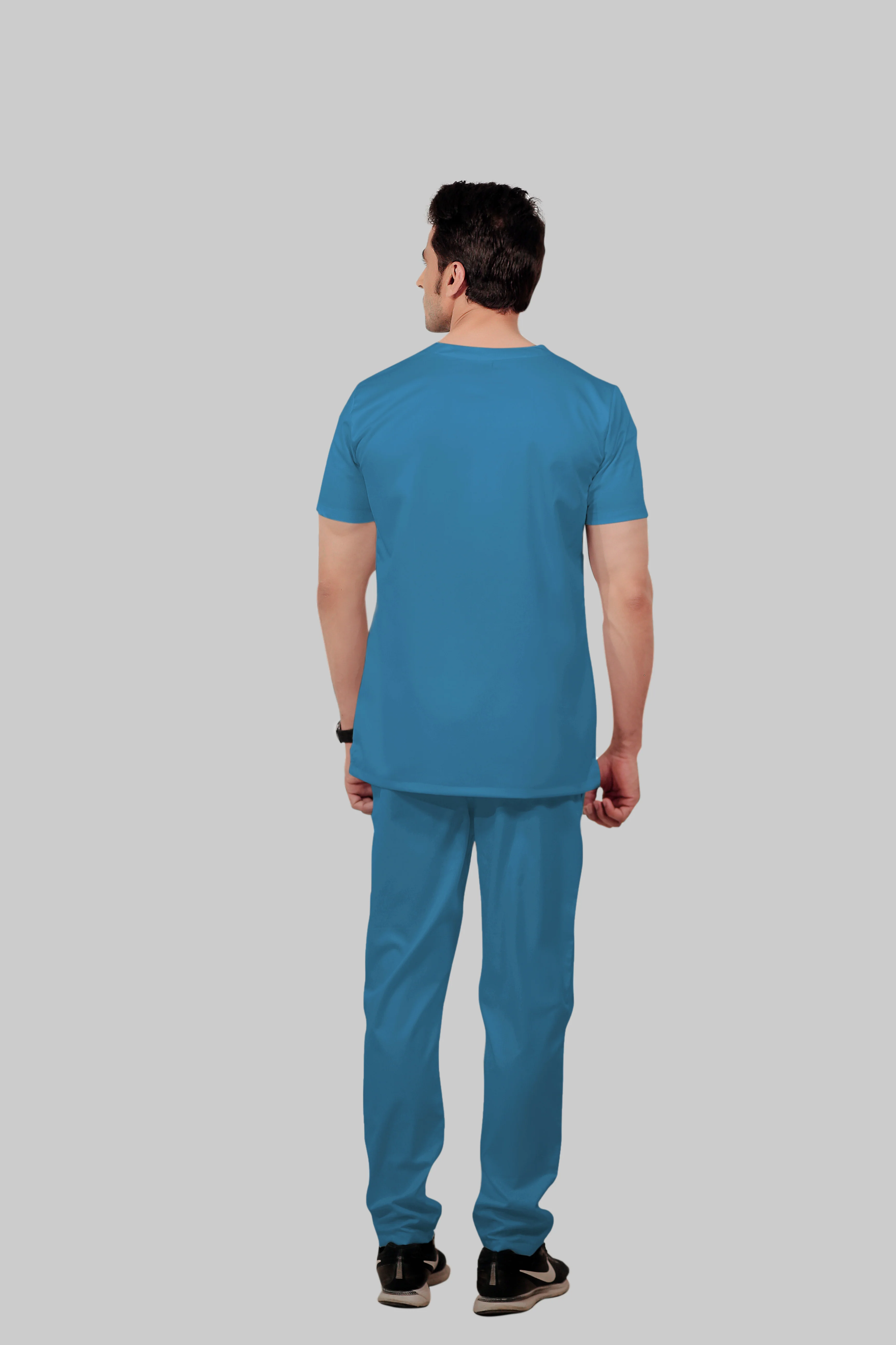 Stretchable (2Way) Men Peacock Blue V-Neck With Straight Pant Scrub Set - Image 5
