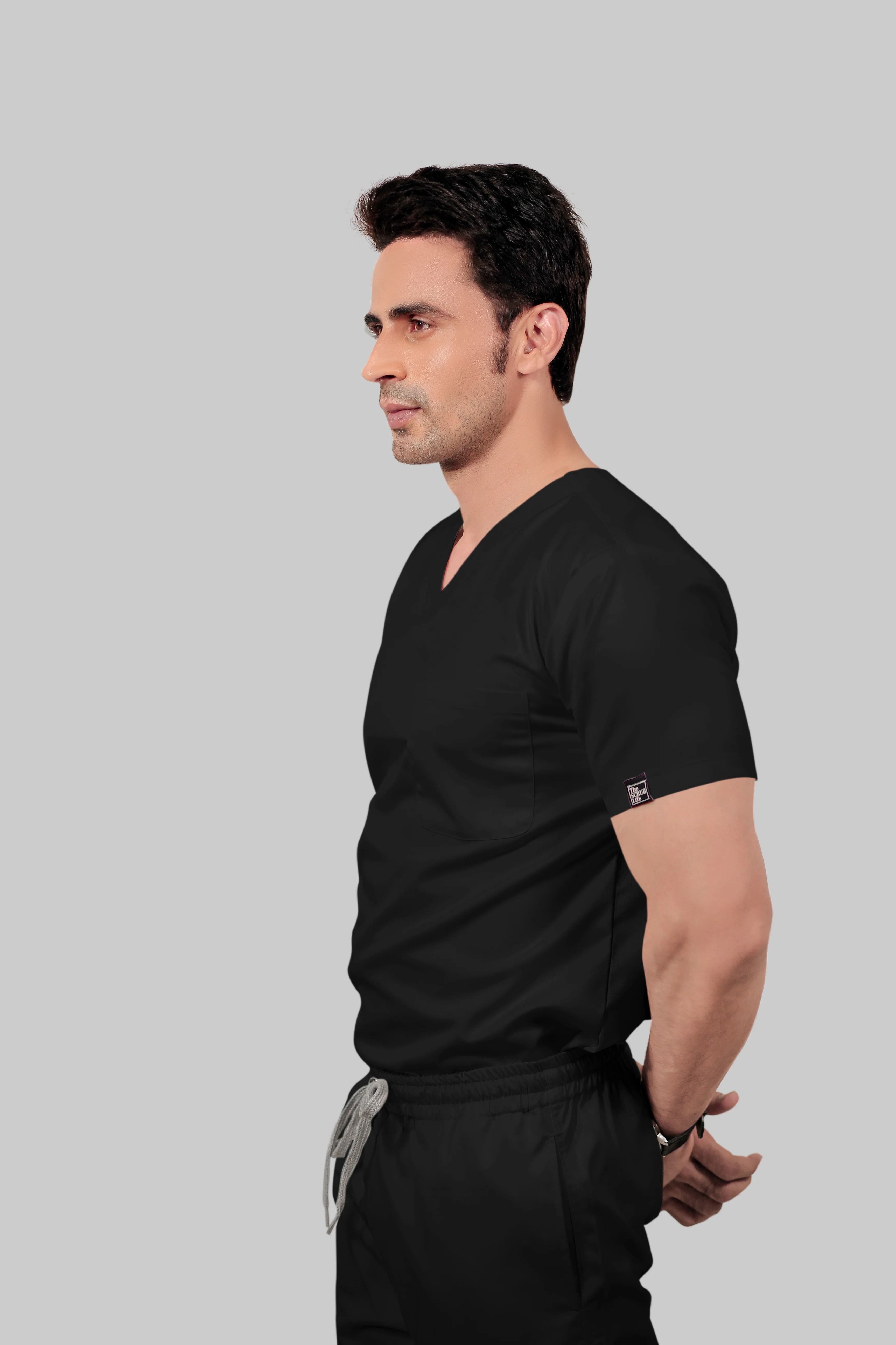 Stretchable (2Way) Men Black V-Neck Scrub Top - Image 3