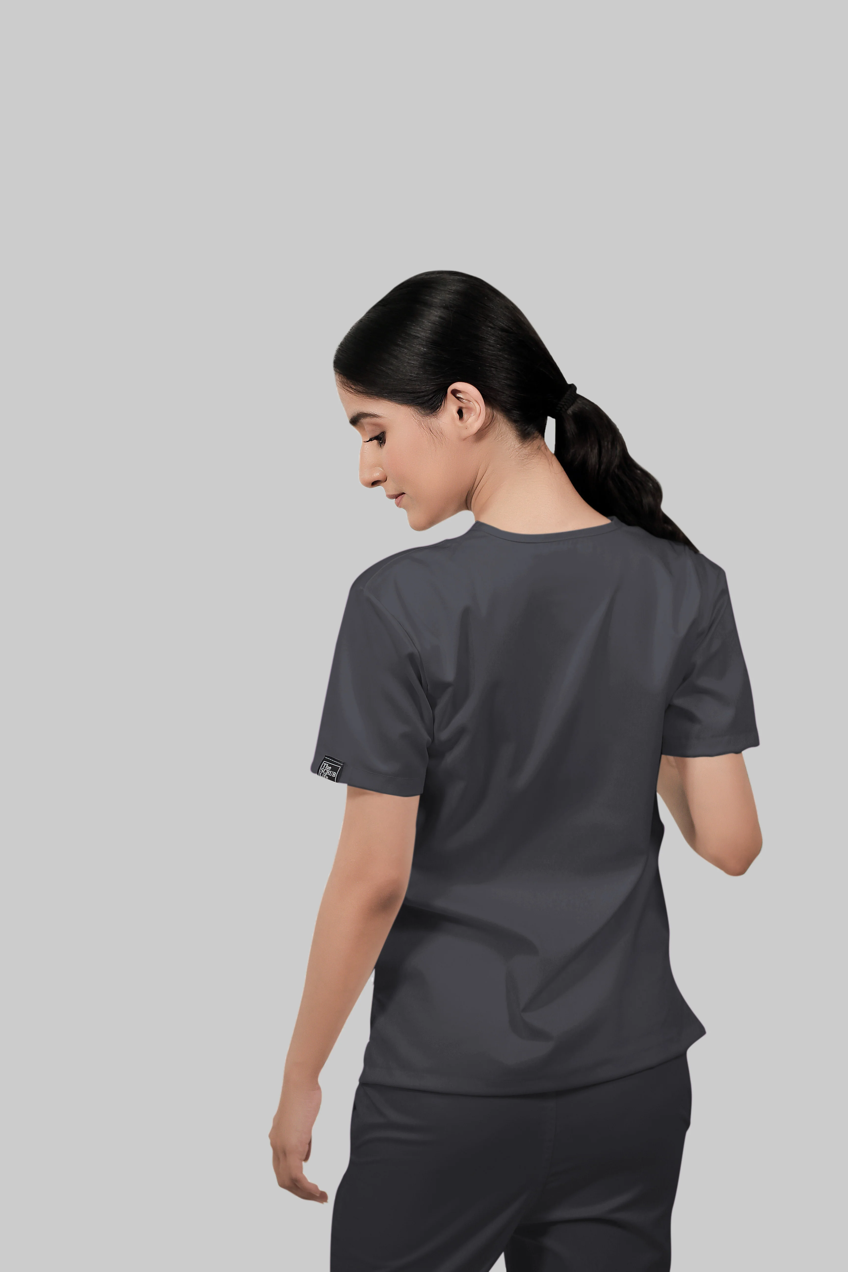 Stretchable (2Way) Women Dark Gray V-Neck Scrub Top - Image 4