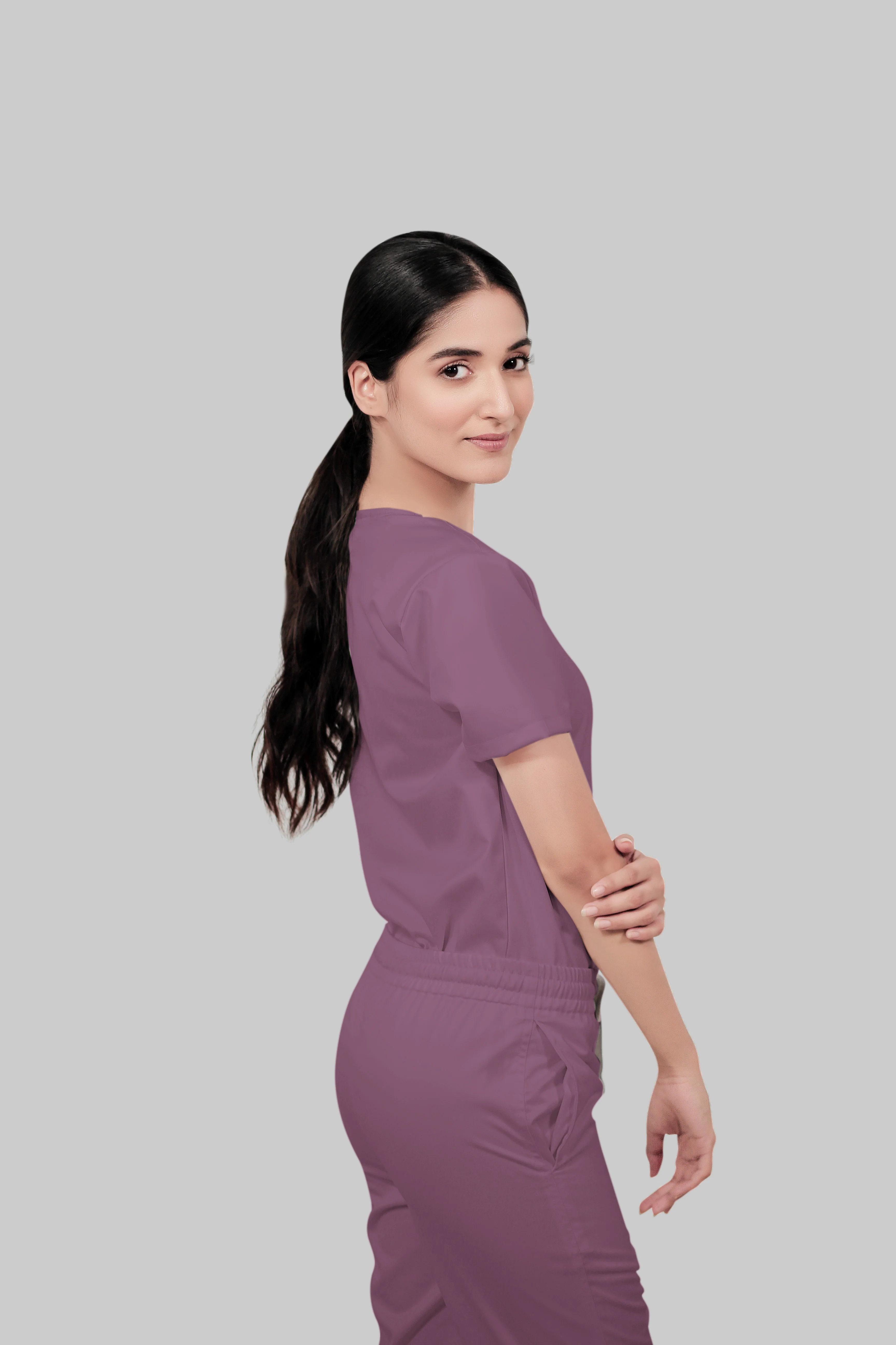 Stretchable (2Way) Women Lilac V-Neck Scrub Top - Image 3