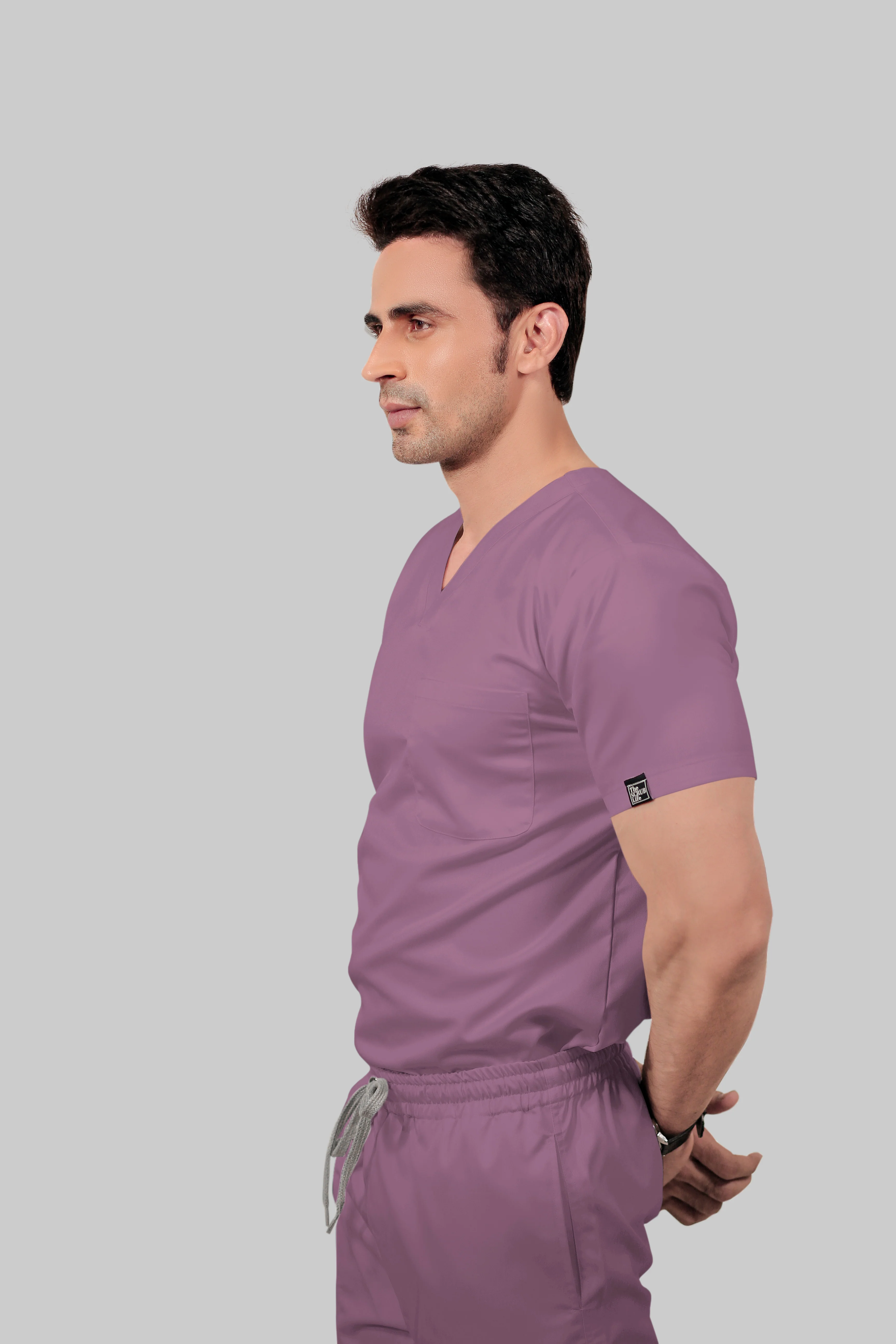 Stretchable (2Way) Men Lilac V-Neck Scrub Top - Image 3