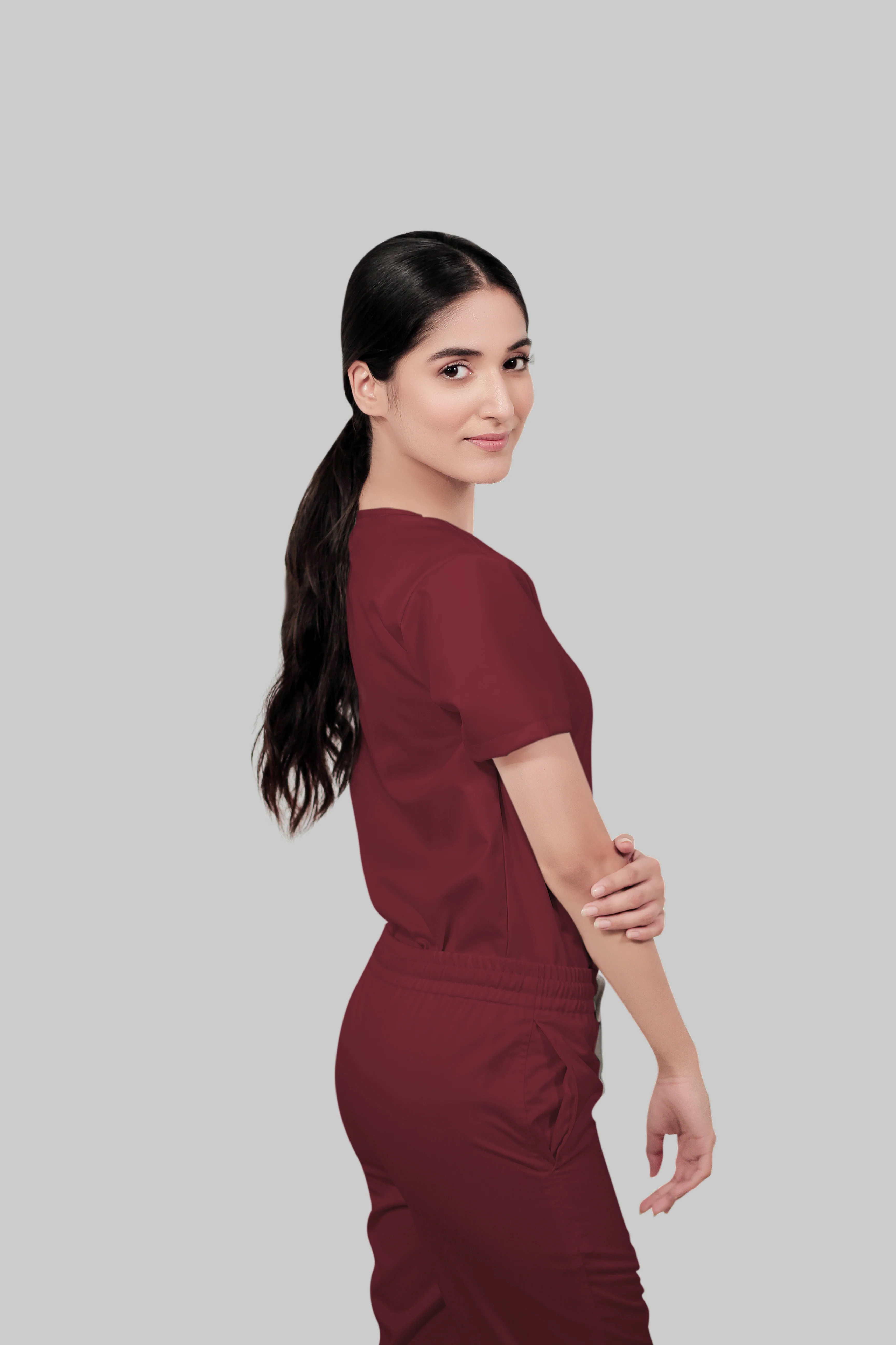 Stretchable (2Way) Women Maroon V-Neck Scrub Top - Image 3