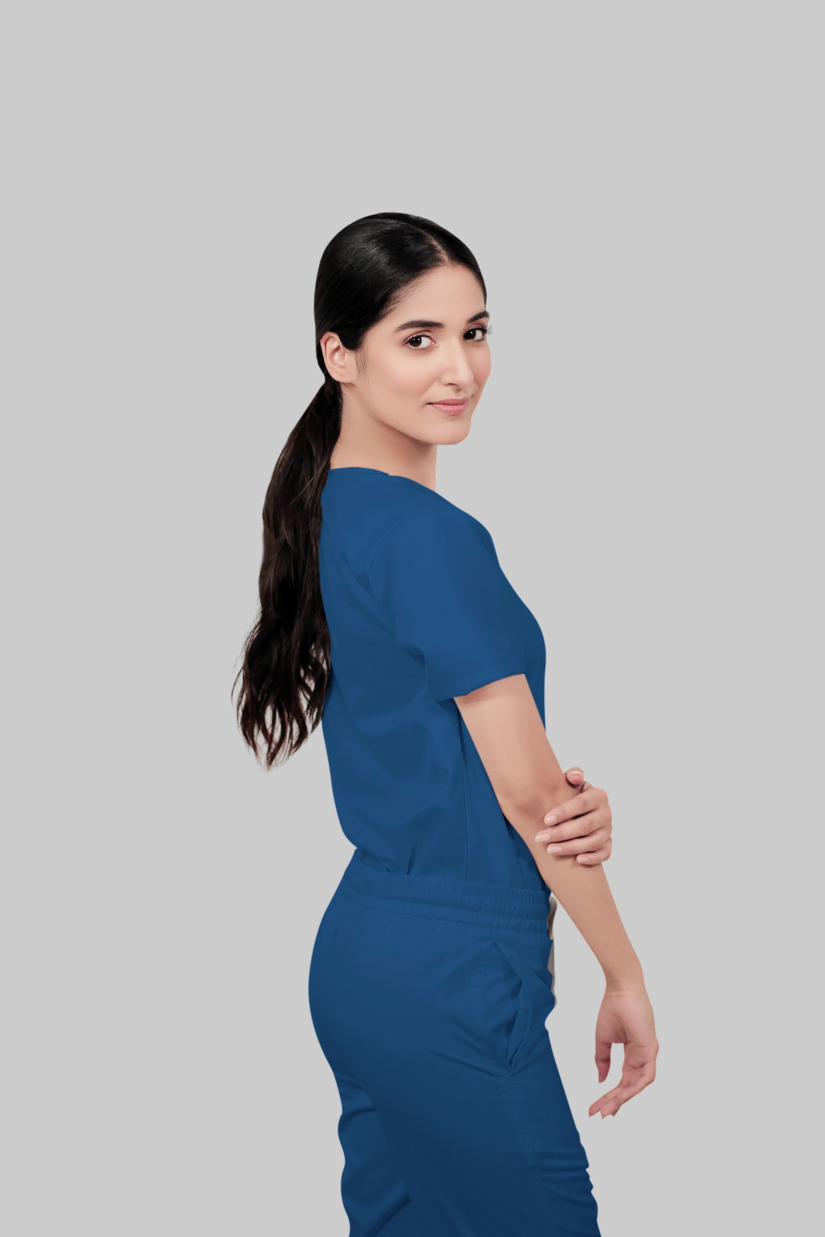 Stretchable (2Way) Women Steel Blue V-Neck Scrub Top - Image 3