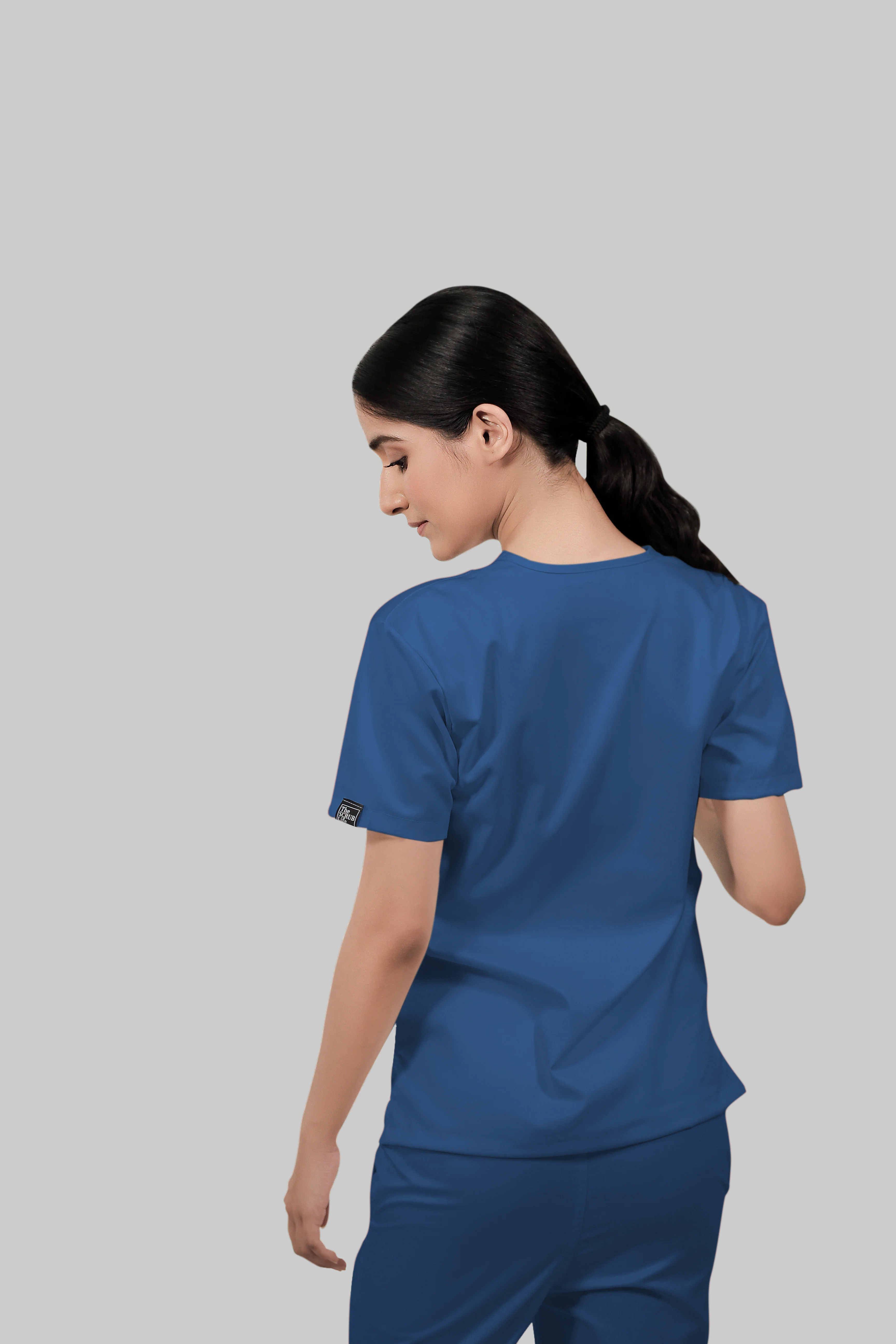 Stretchable (2Way) Women Steel Blue V-Neck Scrub Top - Image 4