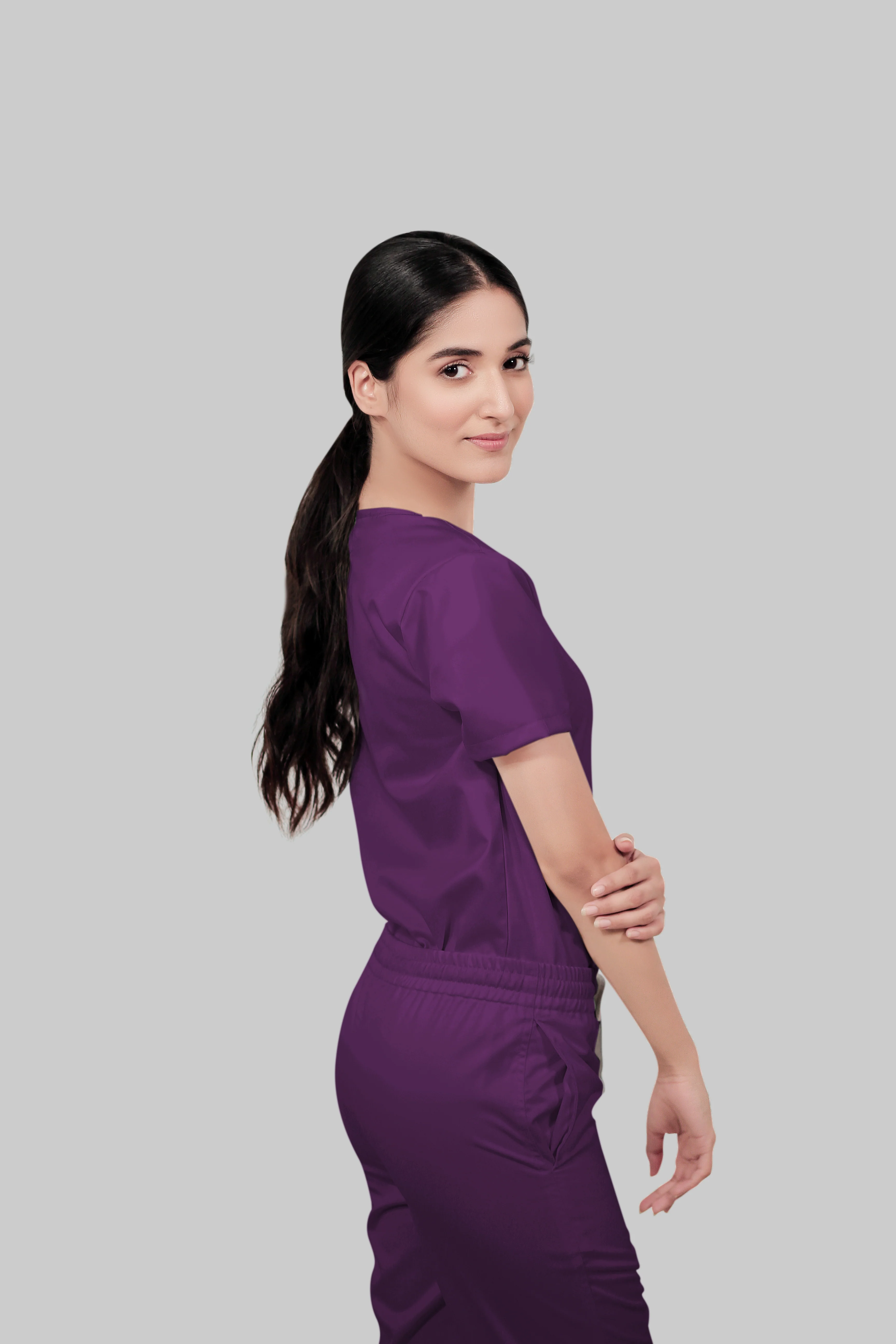 Stretchable (2Way) Women Purple V-Neck Scrub Top - Image 3