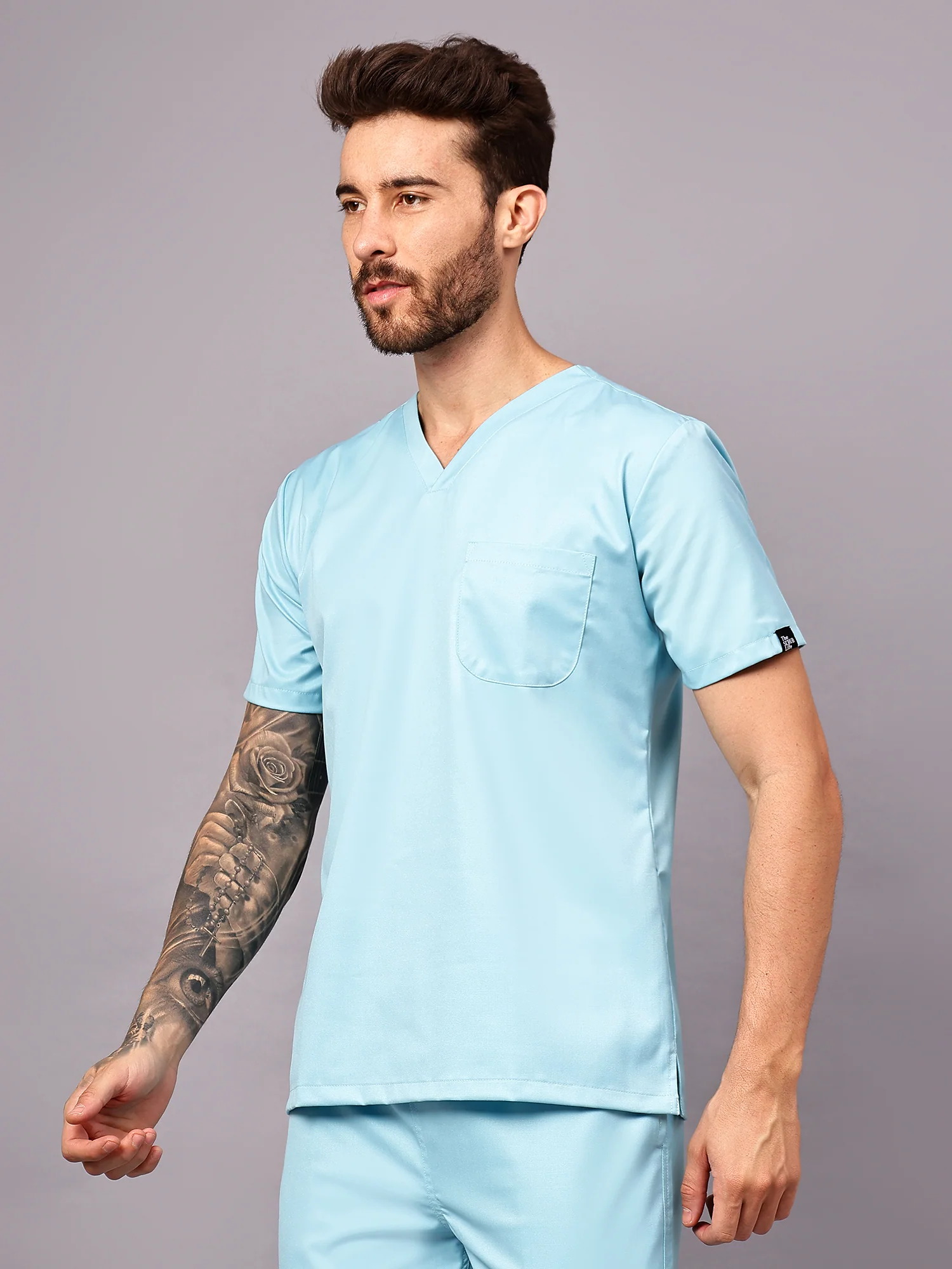 Stretchable (2Way) Men Aqua Blue V-Neck Scrub Top - Image 3