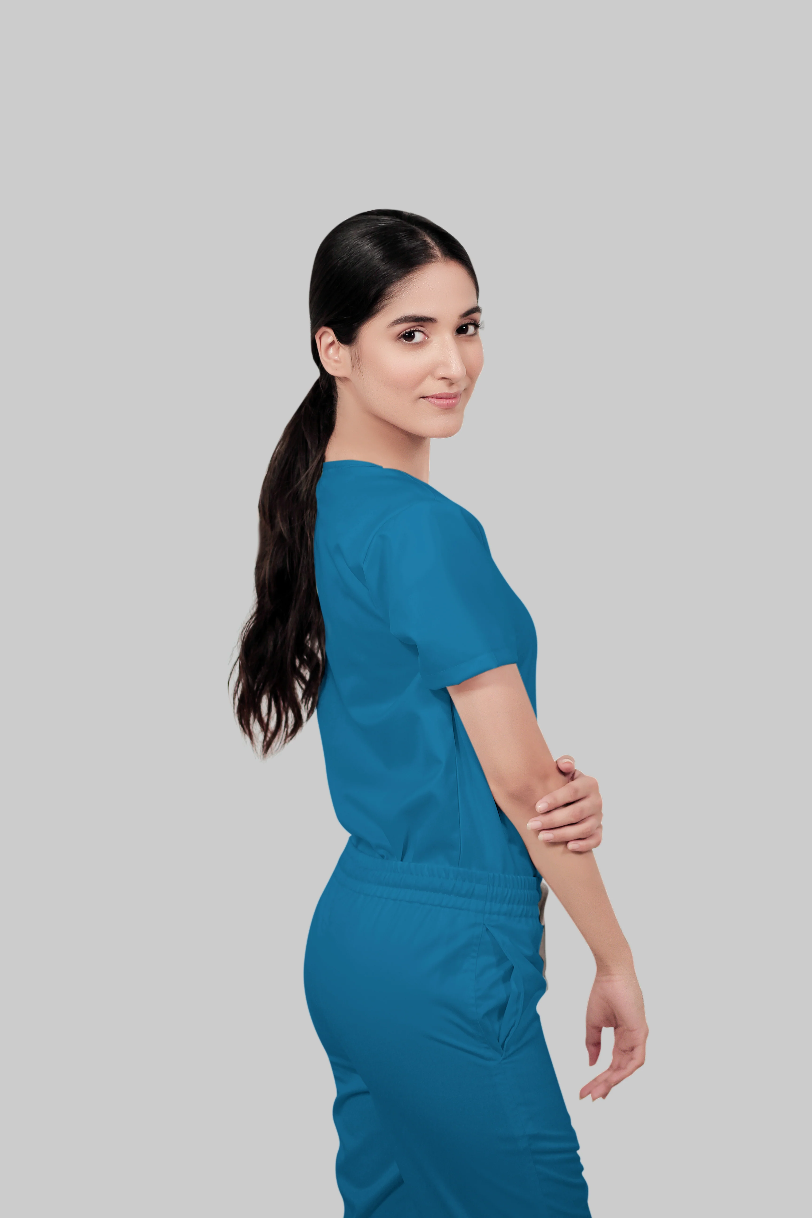 Stretchable (2Way) Women Peacock Blue V-Neck Scrub Top - Image 3