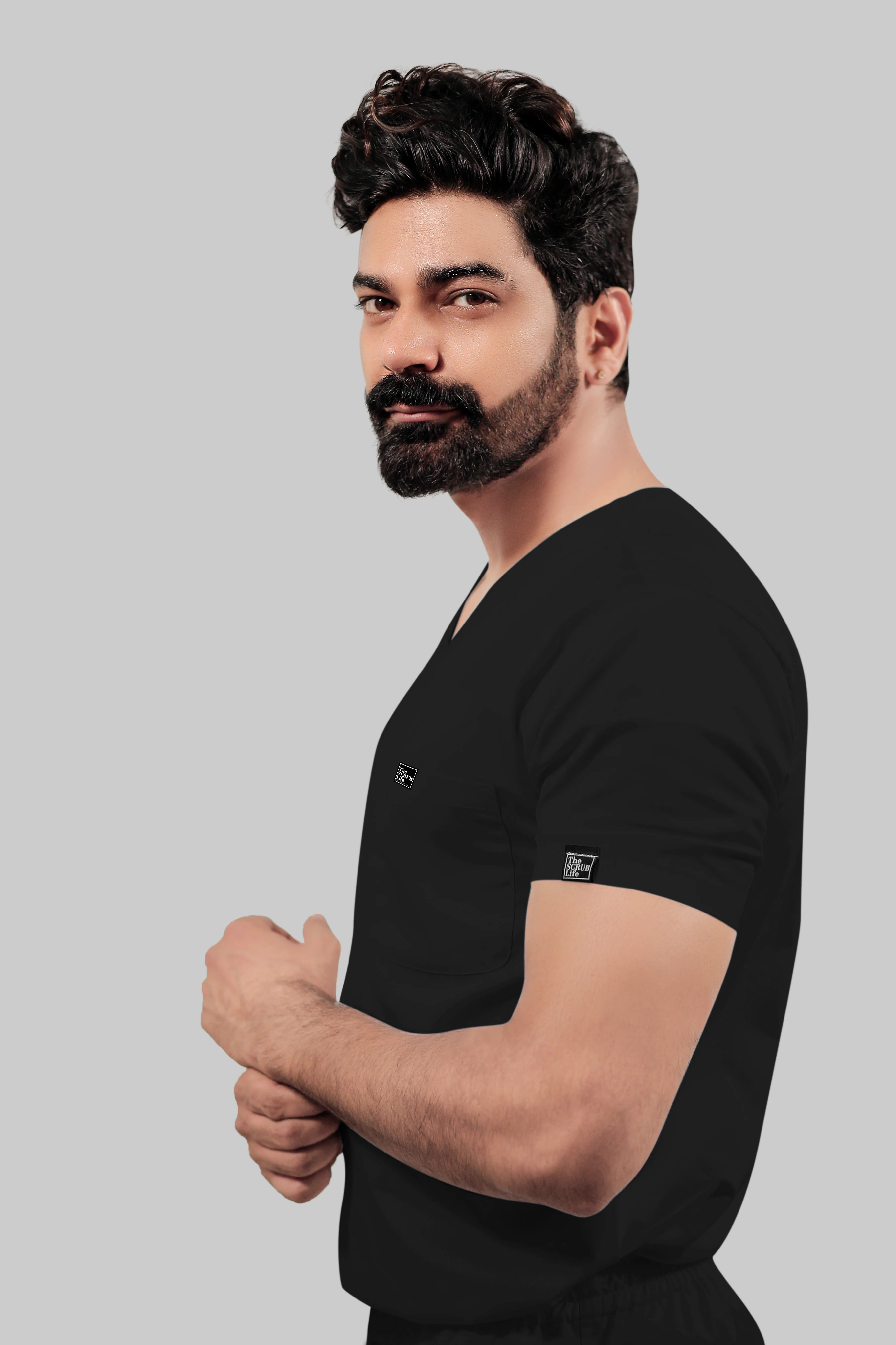 Stretchable (4Way) Men Black V-Neck With Straight Pant Scrub Set - Image 4