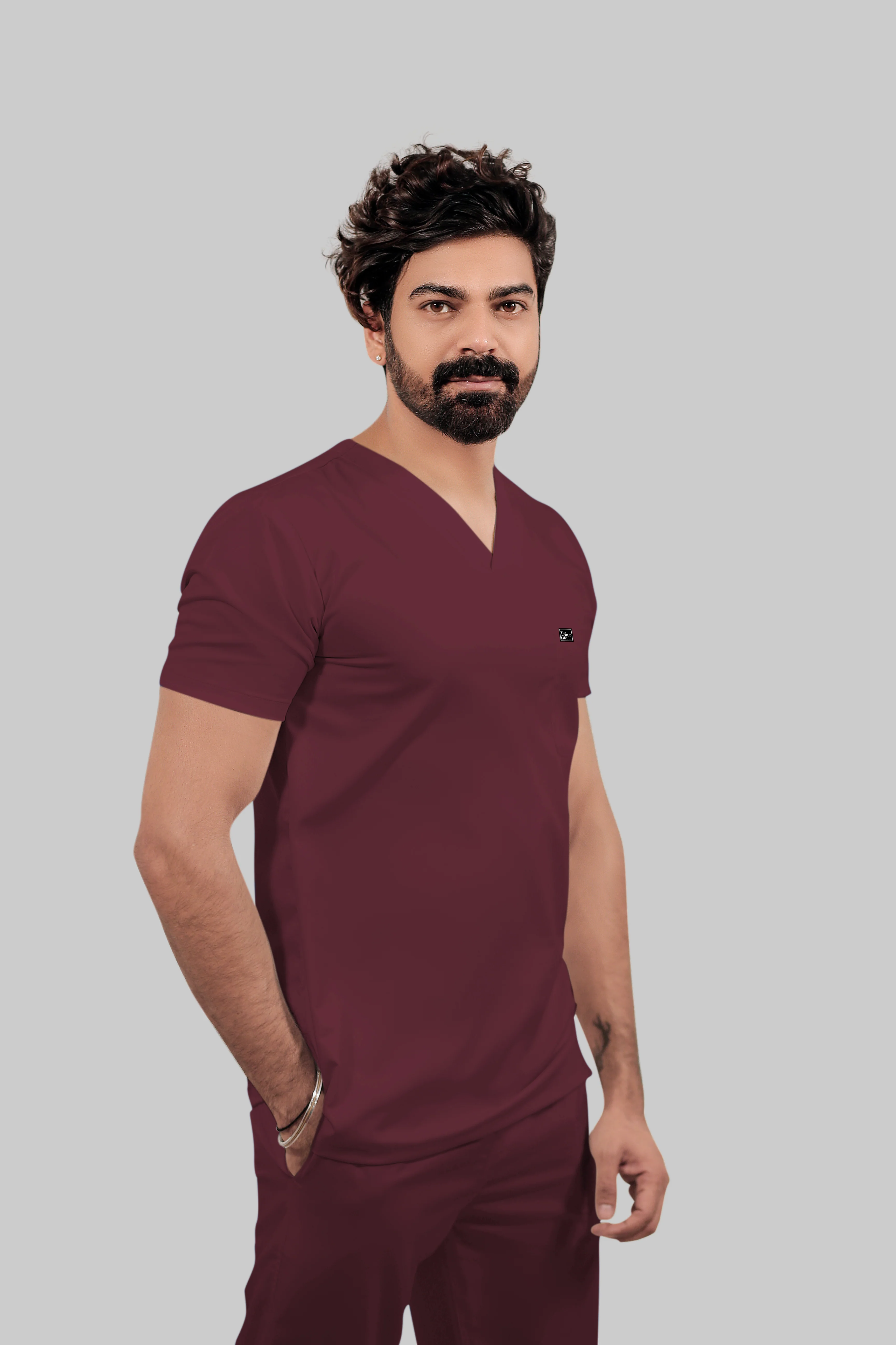 Stretchable (4Way) Men Burgundy V-Neck With Straight Pant Scrub Set - Image 3