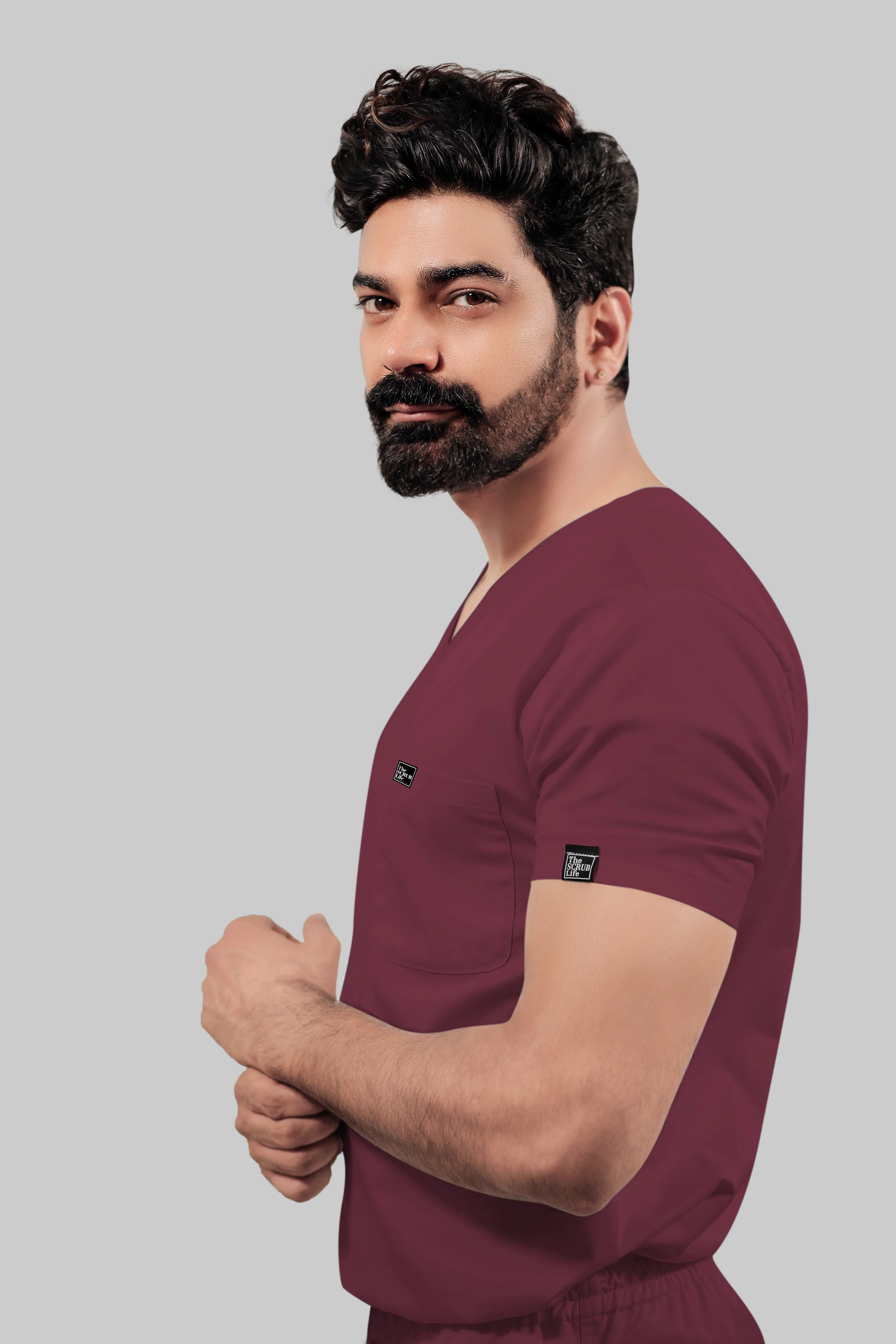 Stretchable (4Way) Men Burgundy V-Neck With Straight Pant Scrub Set - Image 4