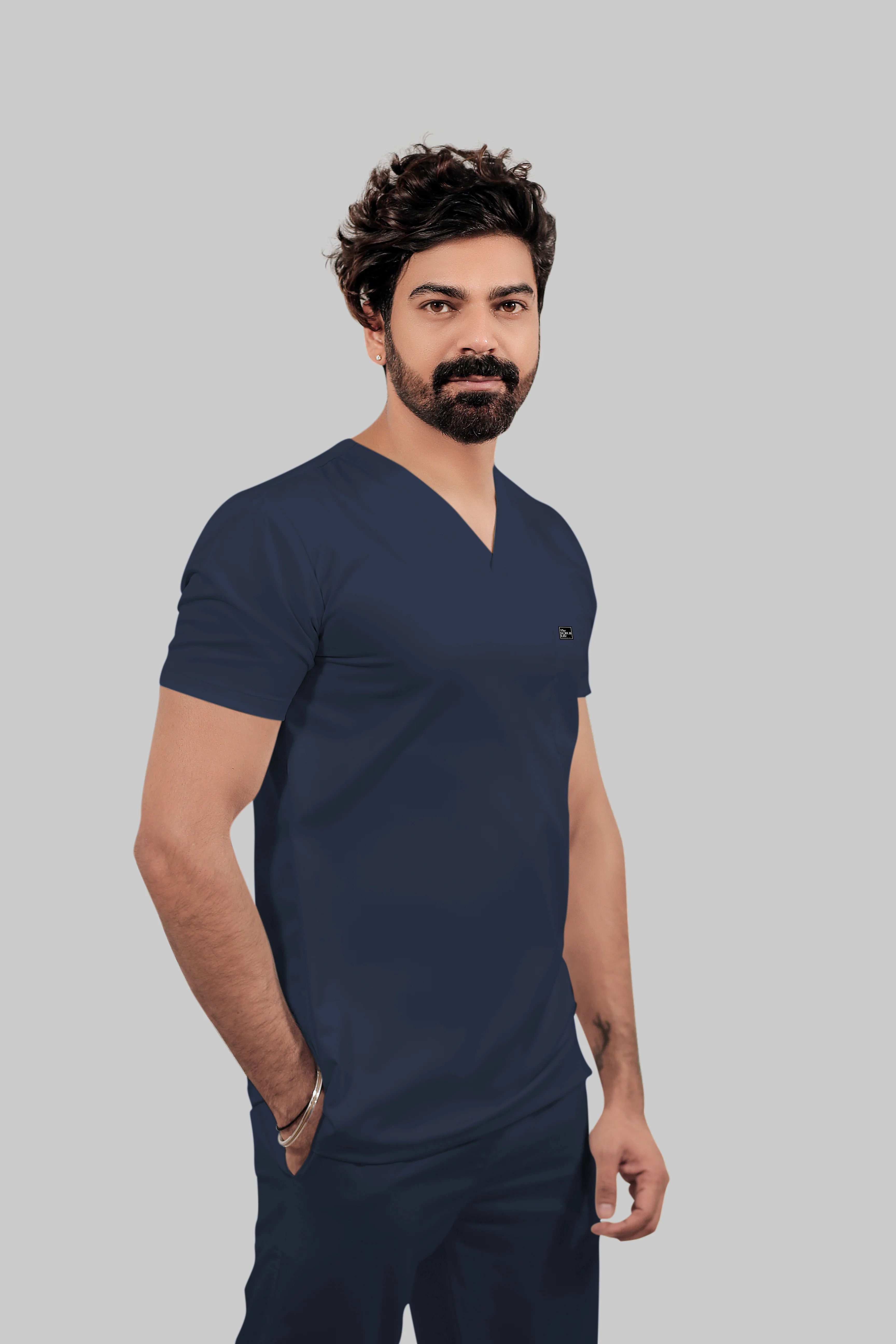 Stretchable (4Way) Men Navy Blue V-Neck With Straight Pant Scrub Set - Image 3