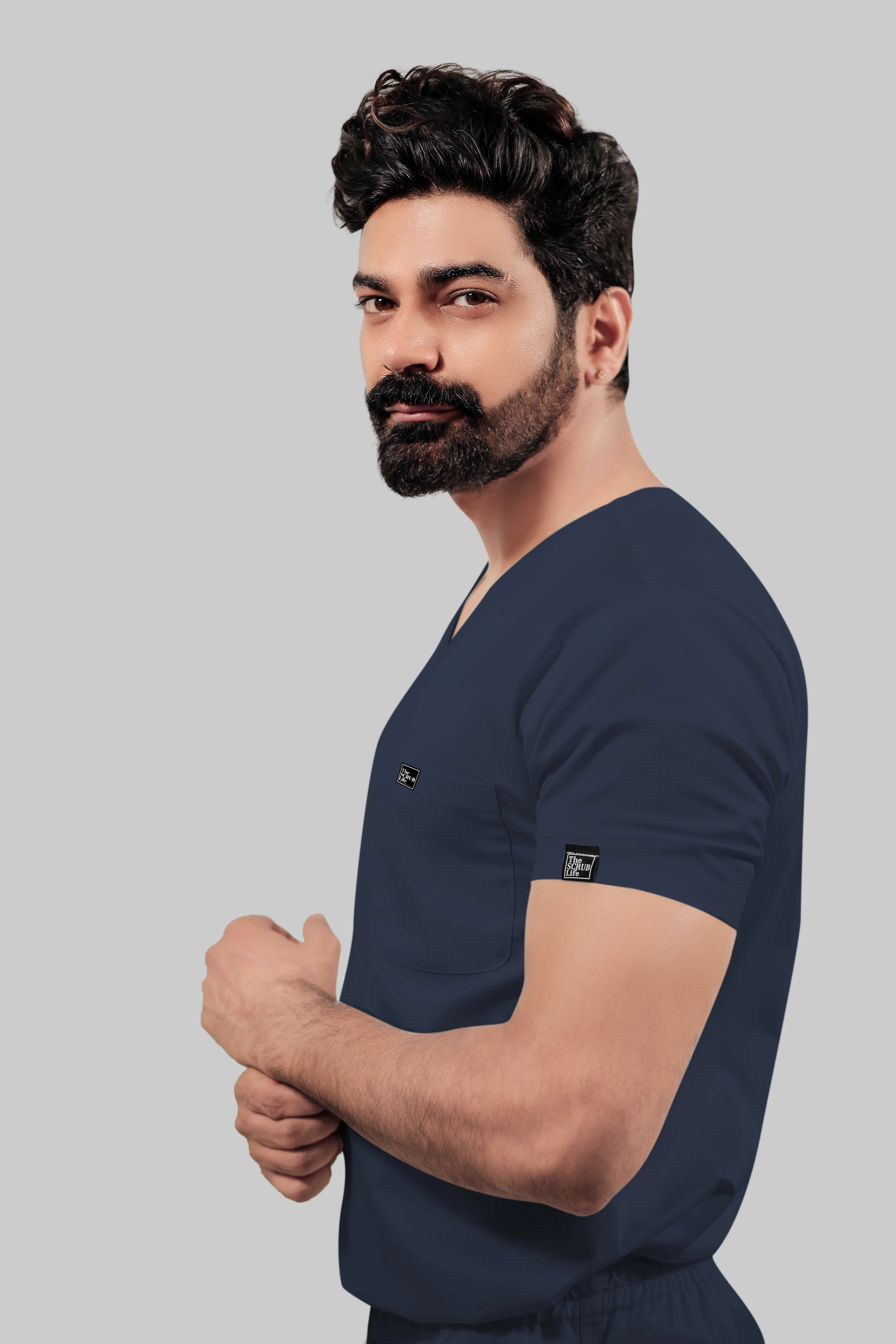 Stretchable (4Way) Men Navy Blue V-Neck With Straight Pant Scrub Set - Image 4