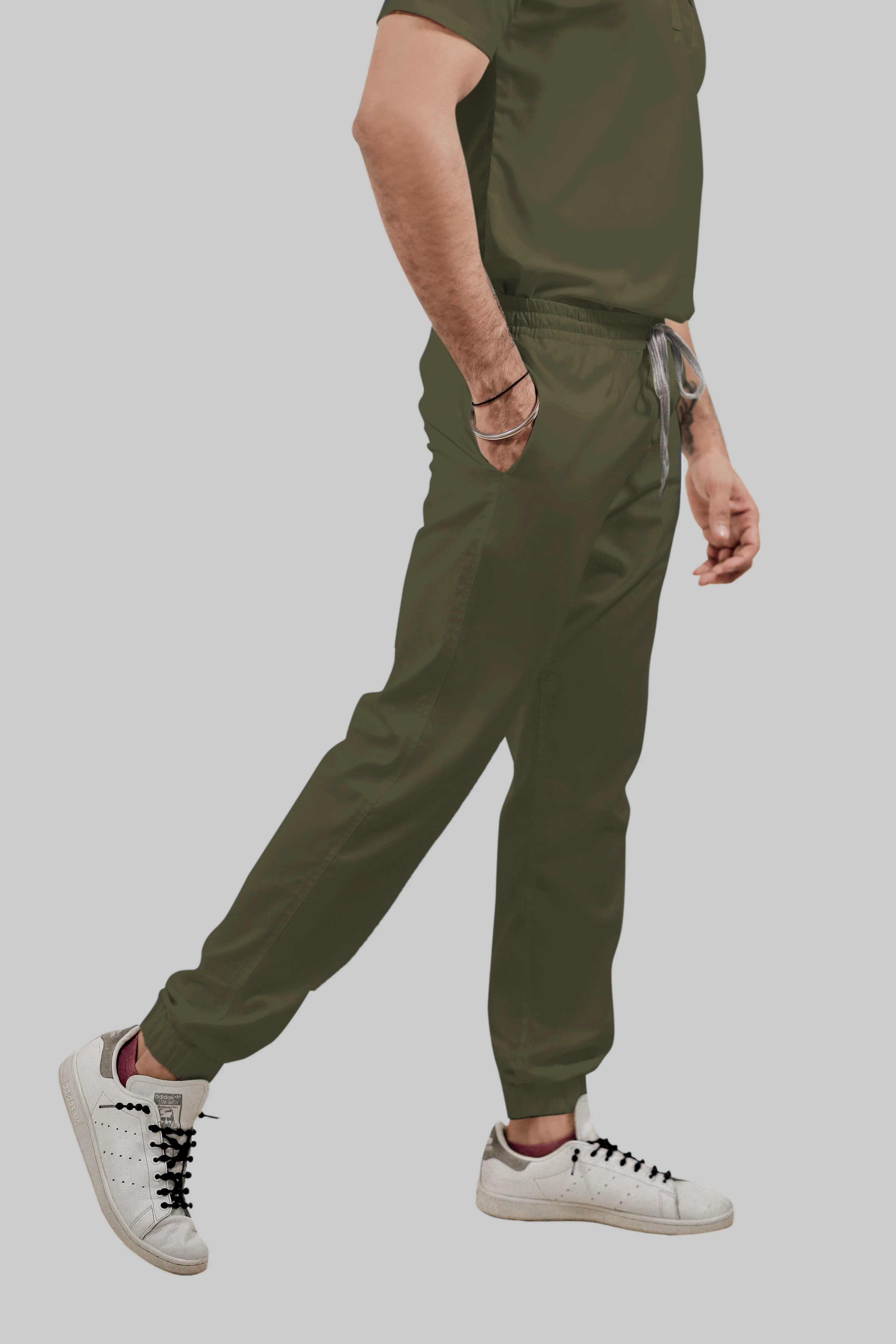 Stretchable (4Way) Men Olive Green V-Neck With Jogger Scrub Set - Image 5