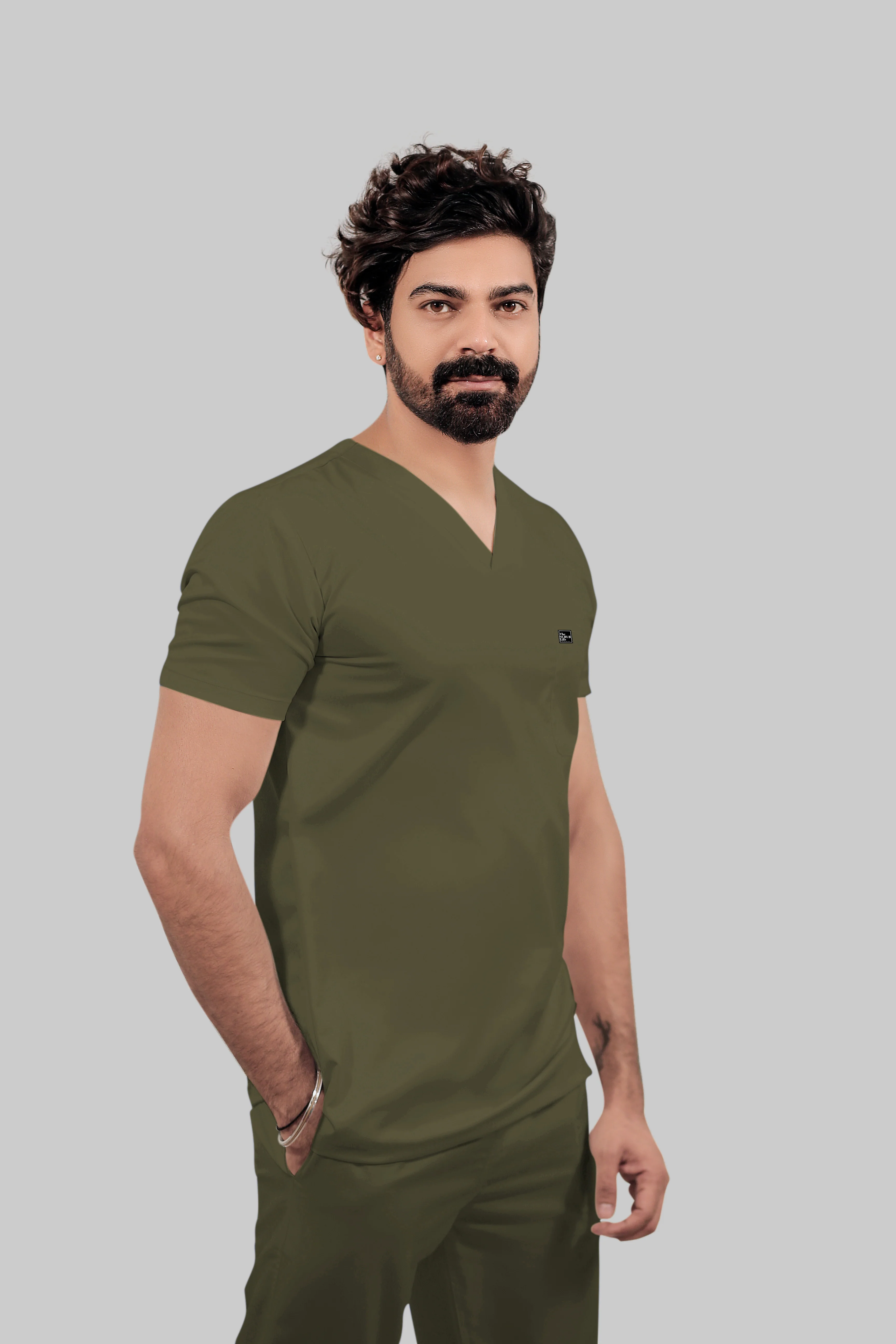 Stretchable (4Way) Men Olive Green V-Neck With Straight Pant Scrub Set - Image 3