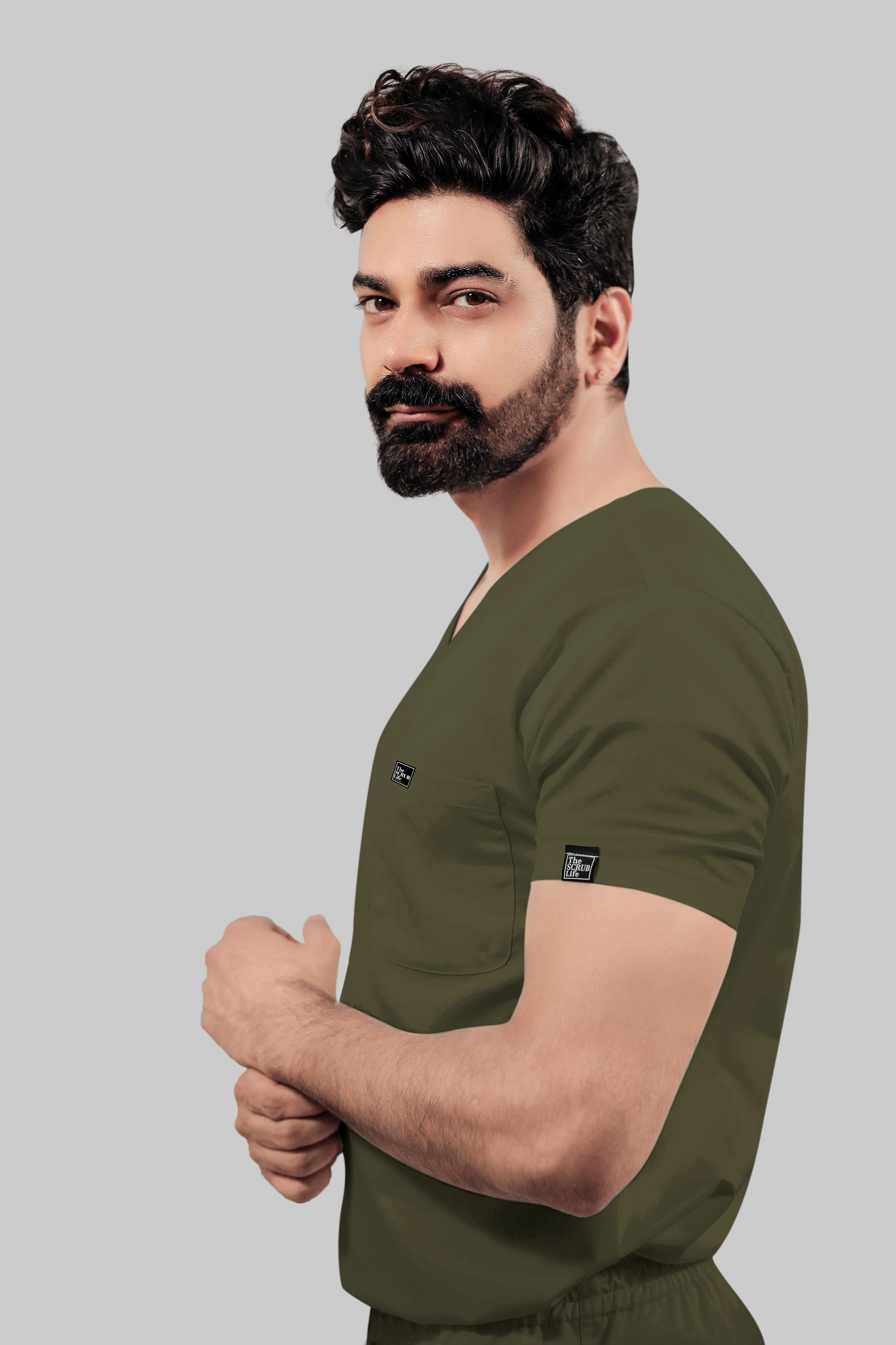 Stretchable (4Way) Men Olive Green V-Neck With Straight Pant Scrub Set - Image 4