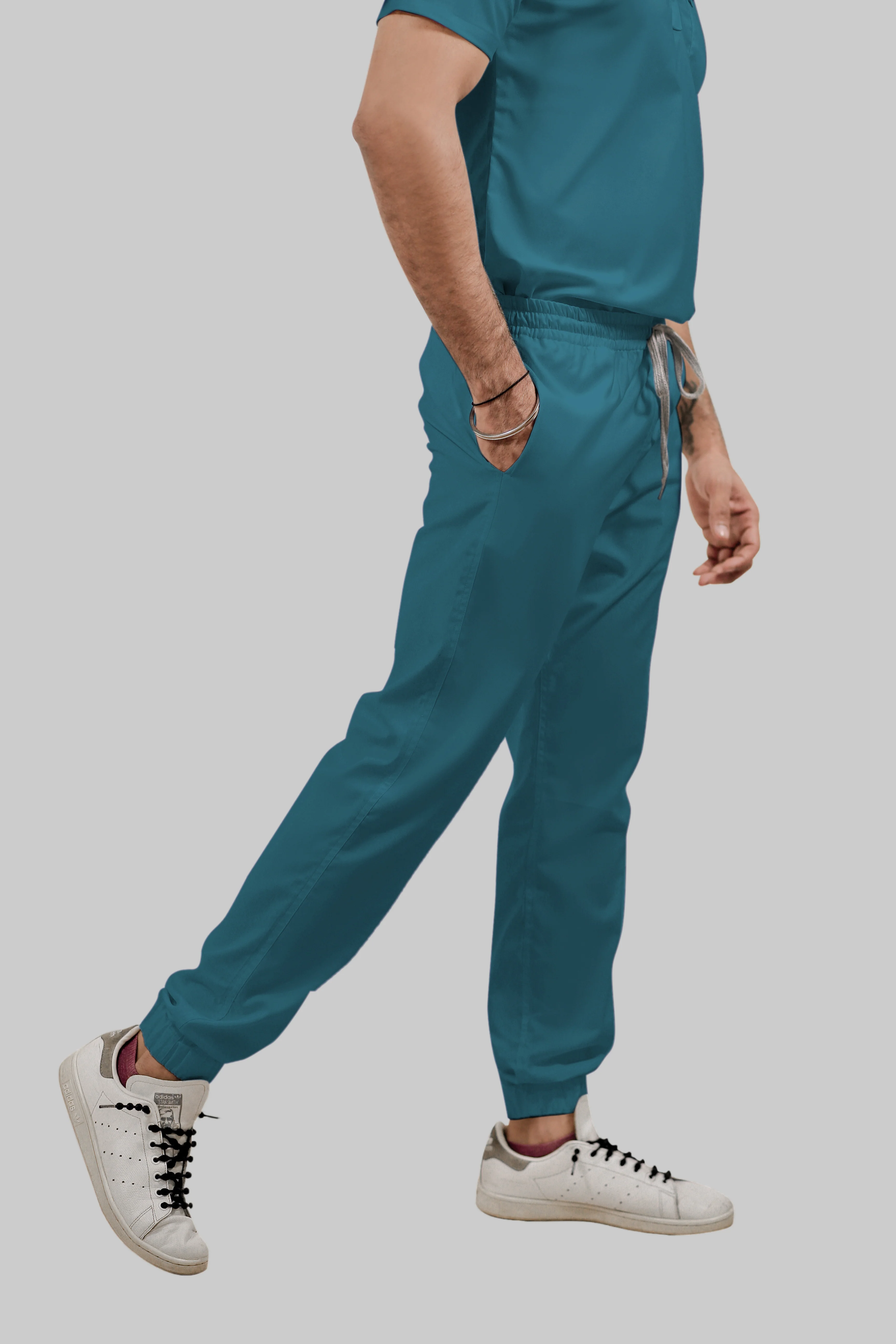 Stretchable (4Way) Men Peacock Blue V-Neck With Jogger Scrub Set - Image 5