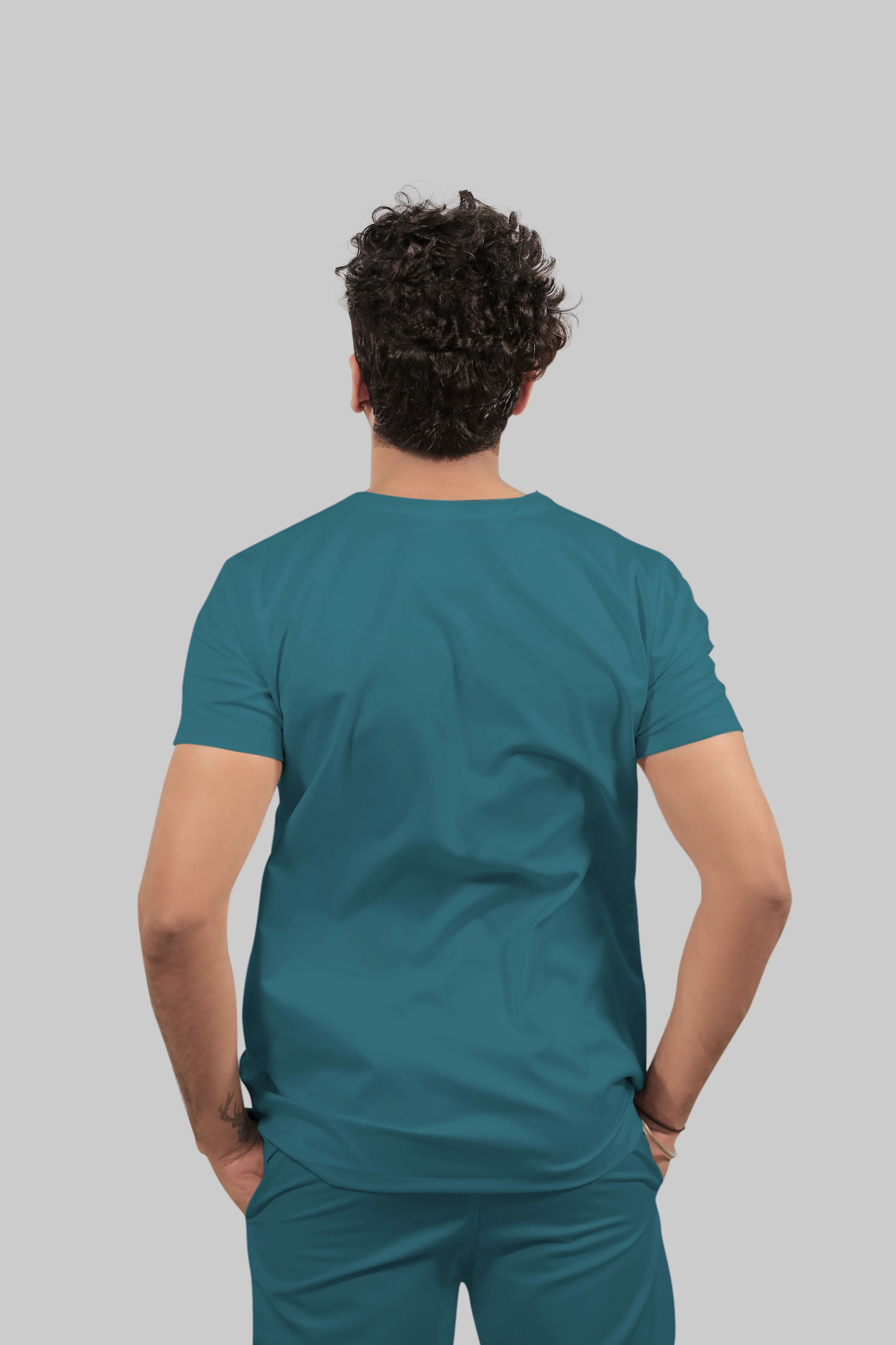 Stretchable (4Way) Men Peacock Blue V-Neck With Straight Pant Scrub Set - Image 4