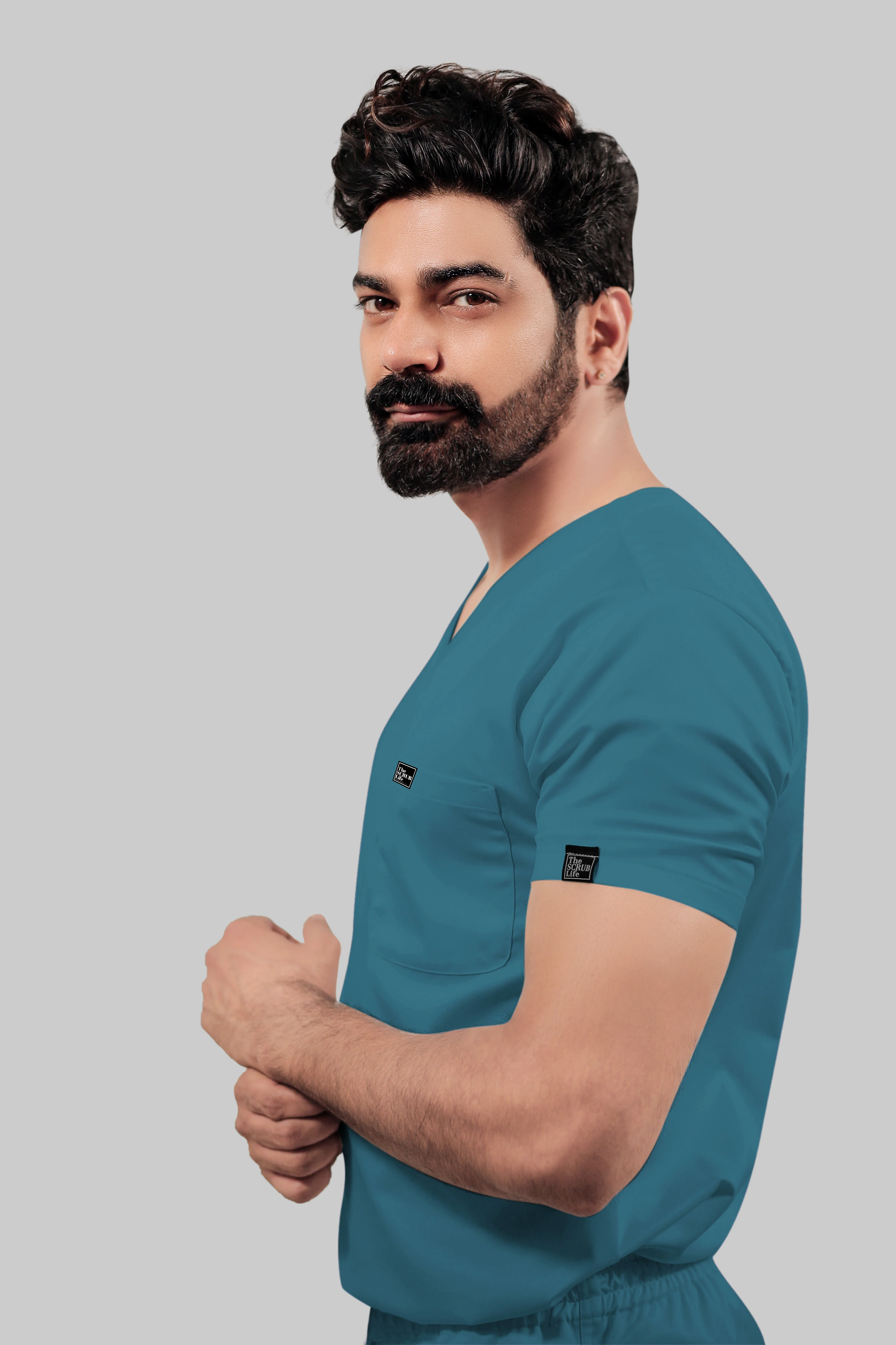 Stretchable (4Way) Men Peacock Blue V-Neck With Straight Pant Scrub Set - Image 5