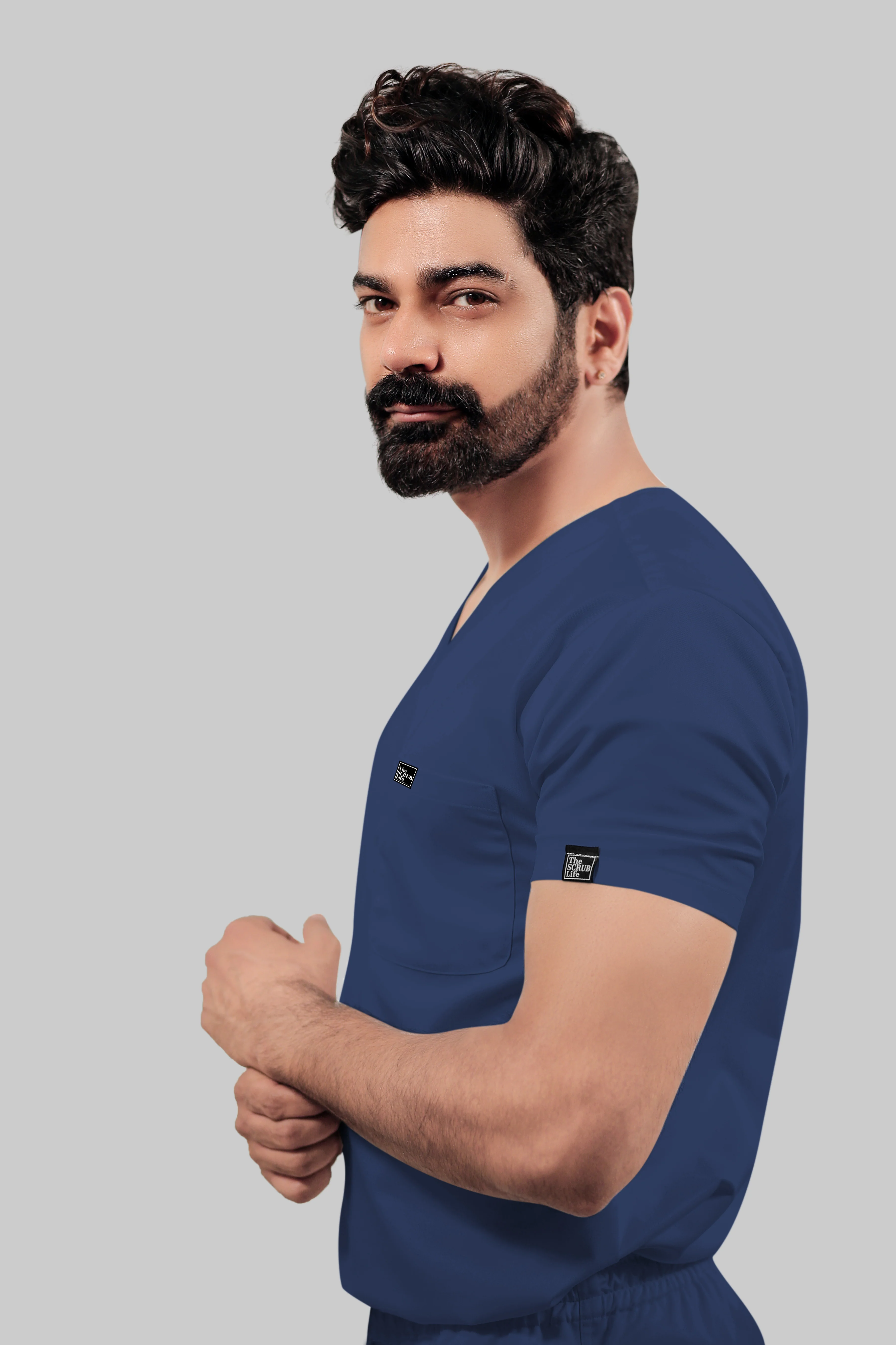 Stretchable (4Way) Men Royal Blue V-Neck With Jogger Scrub Set - Image 3