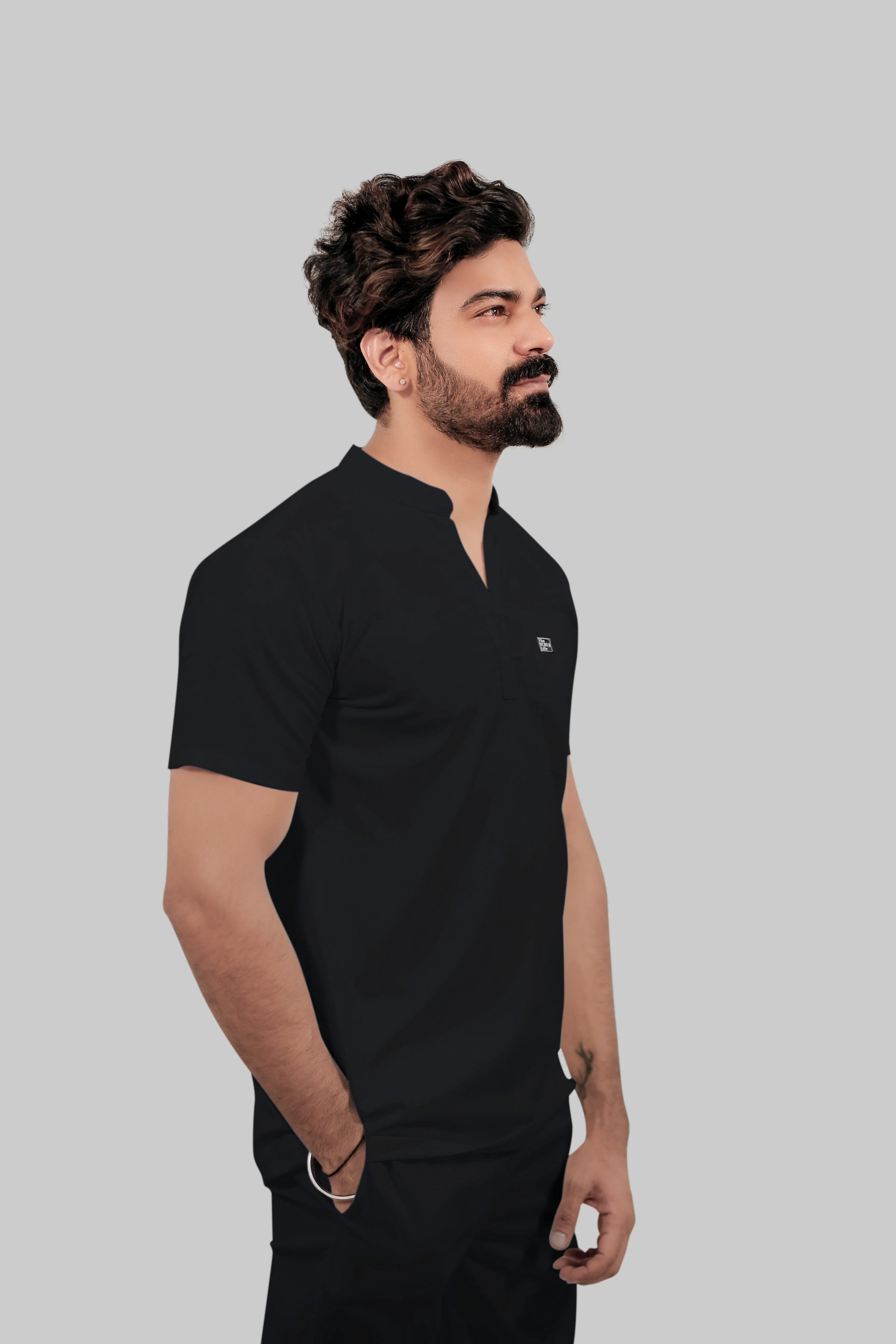 Stretchable (4Way) Men Mandarin Neck Black Scrub Top - Image 3