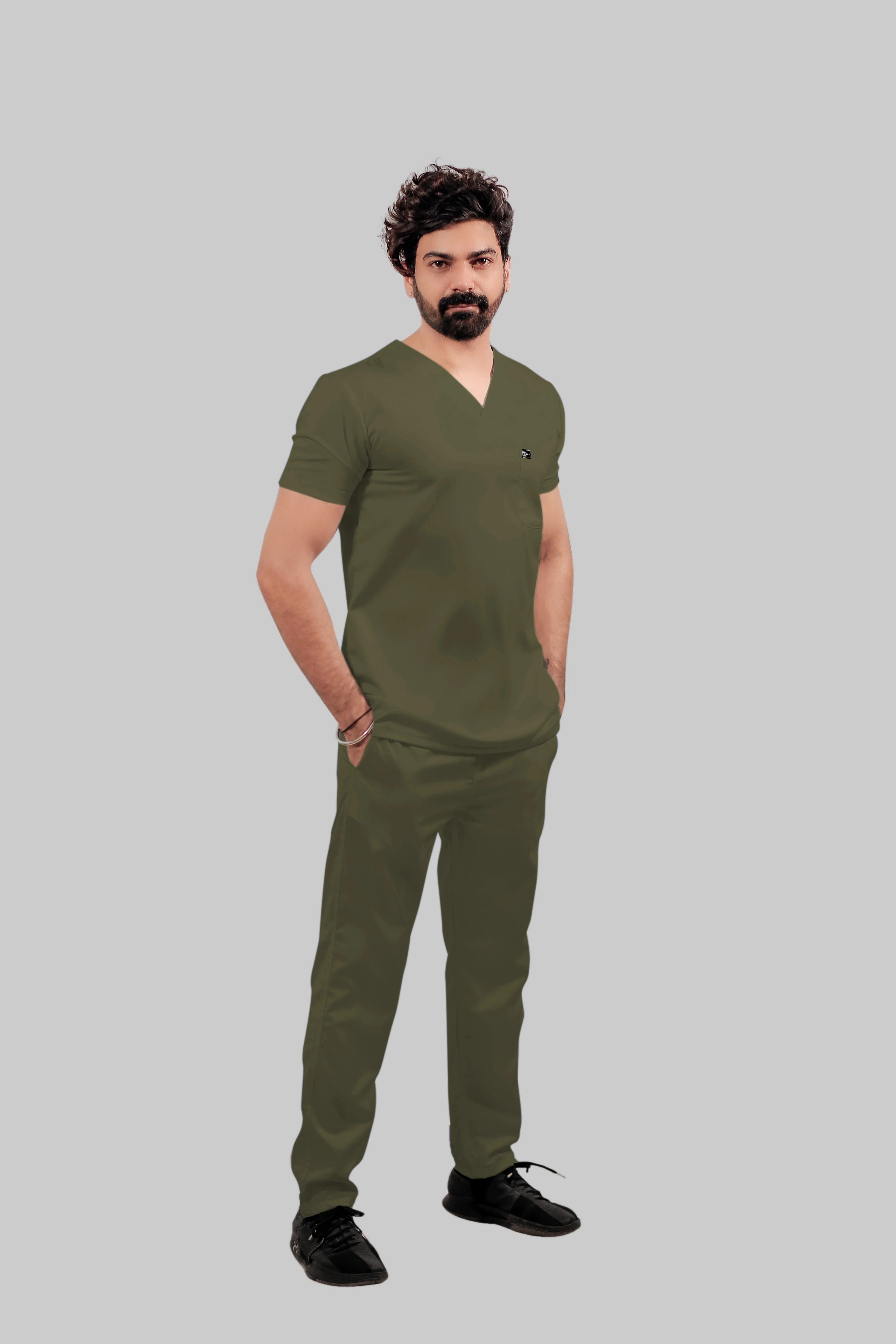 Stretchable (4Way) Men Olive Green Straight Scrub Pant - Image 3