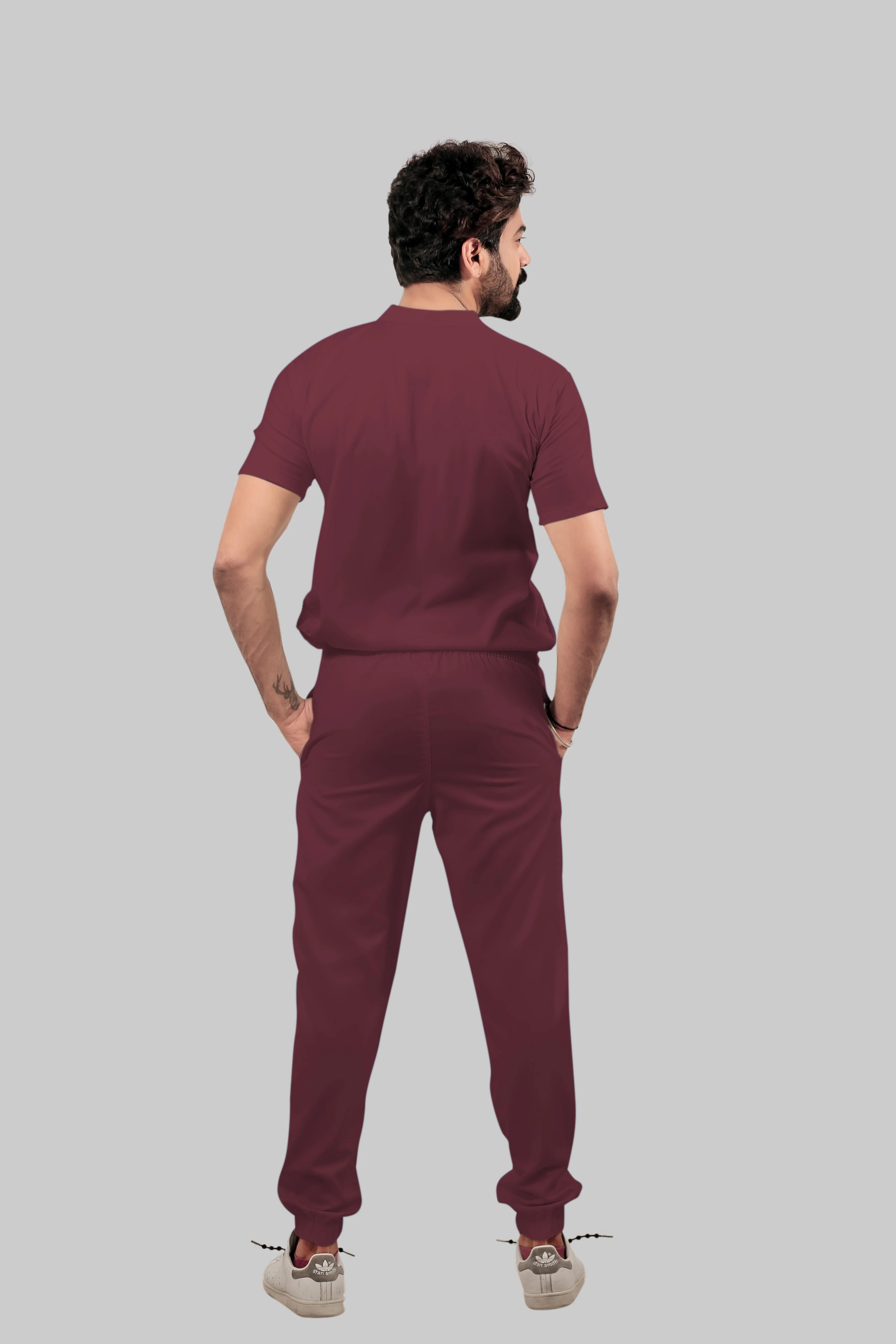 Stretchable (4Way) Men Burgundy Mandarin Neck with Jogger Scrub Set - Image 3