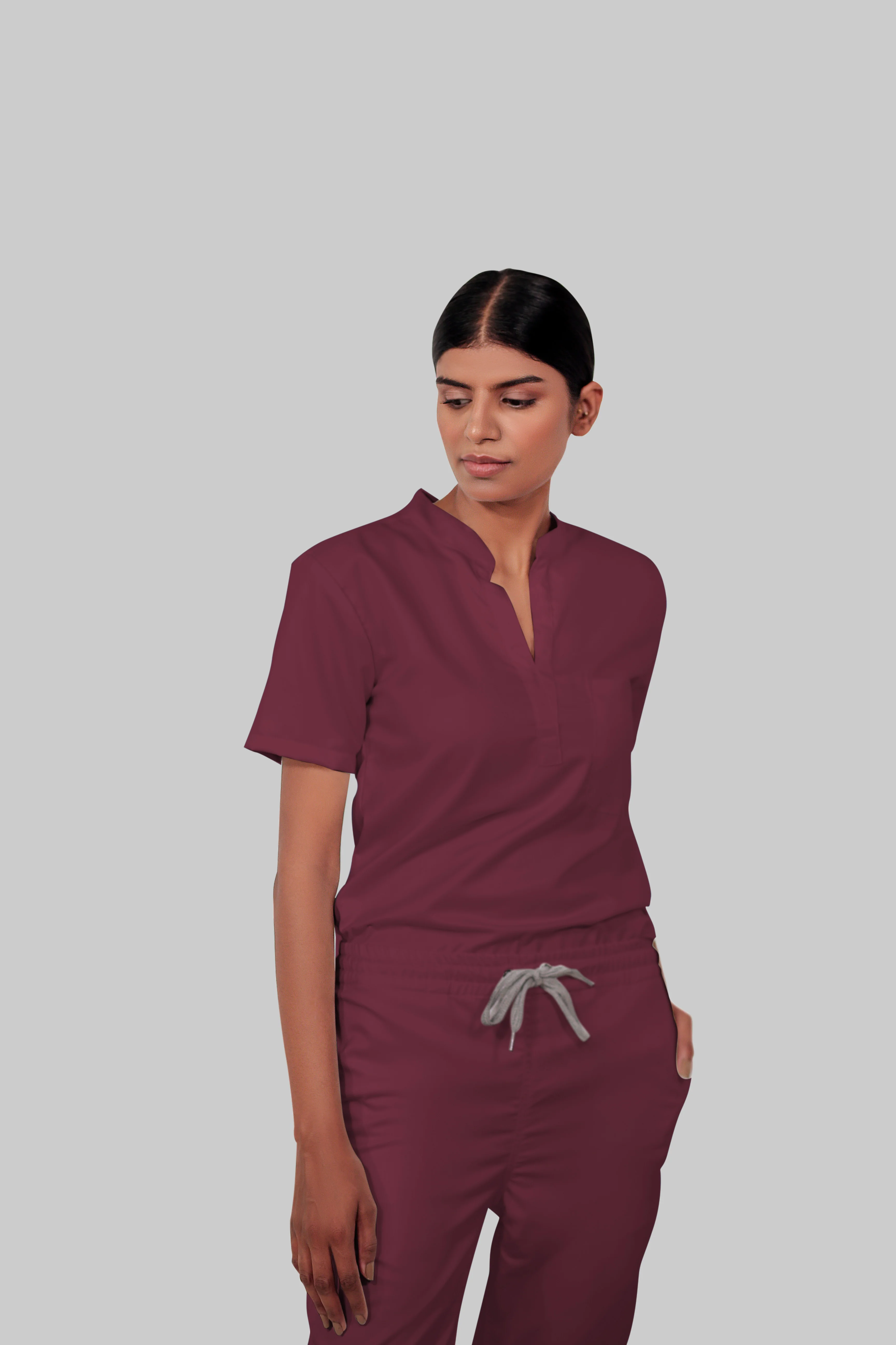 Stretchable (4Way) Women Burgundy Mandarin Neck With Straight Pant Scrub Scrub Set - Image 4