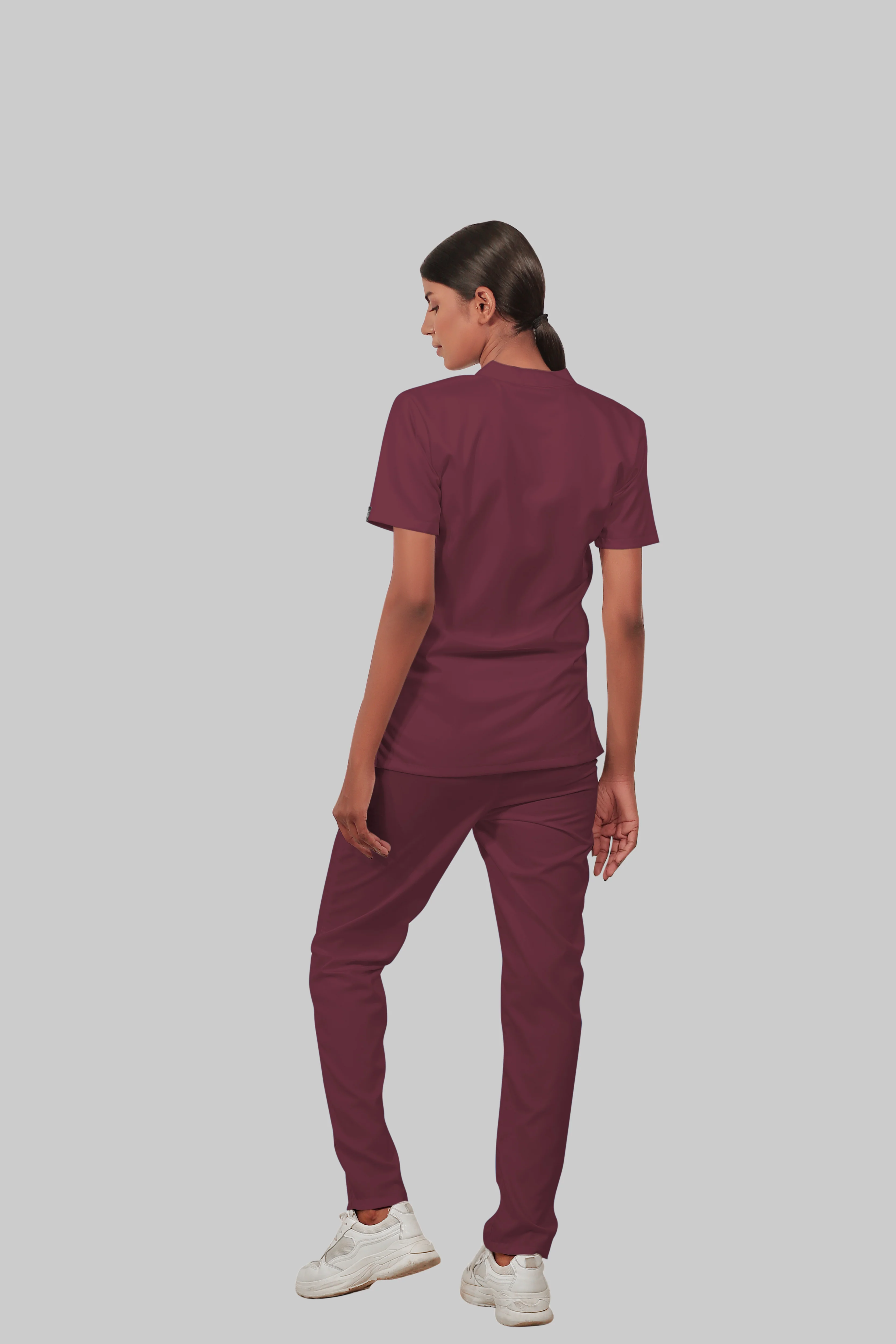 Stretchable (4Way) Women Burgundy Mandarin Neck With Straight Pant Scrub Scrub Set - Image 5
